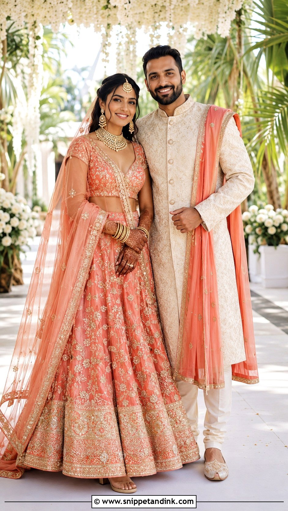Coral Lehenga And Ivory Sherwani Wedding Couple Dress Combination - Snippet and Ink - 25 Wedding Couple Dress Combination Ideas