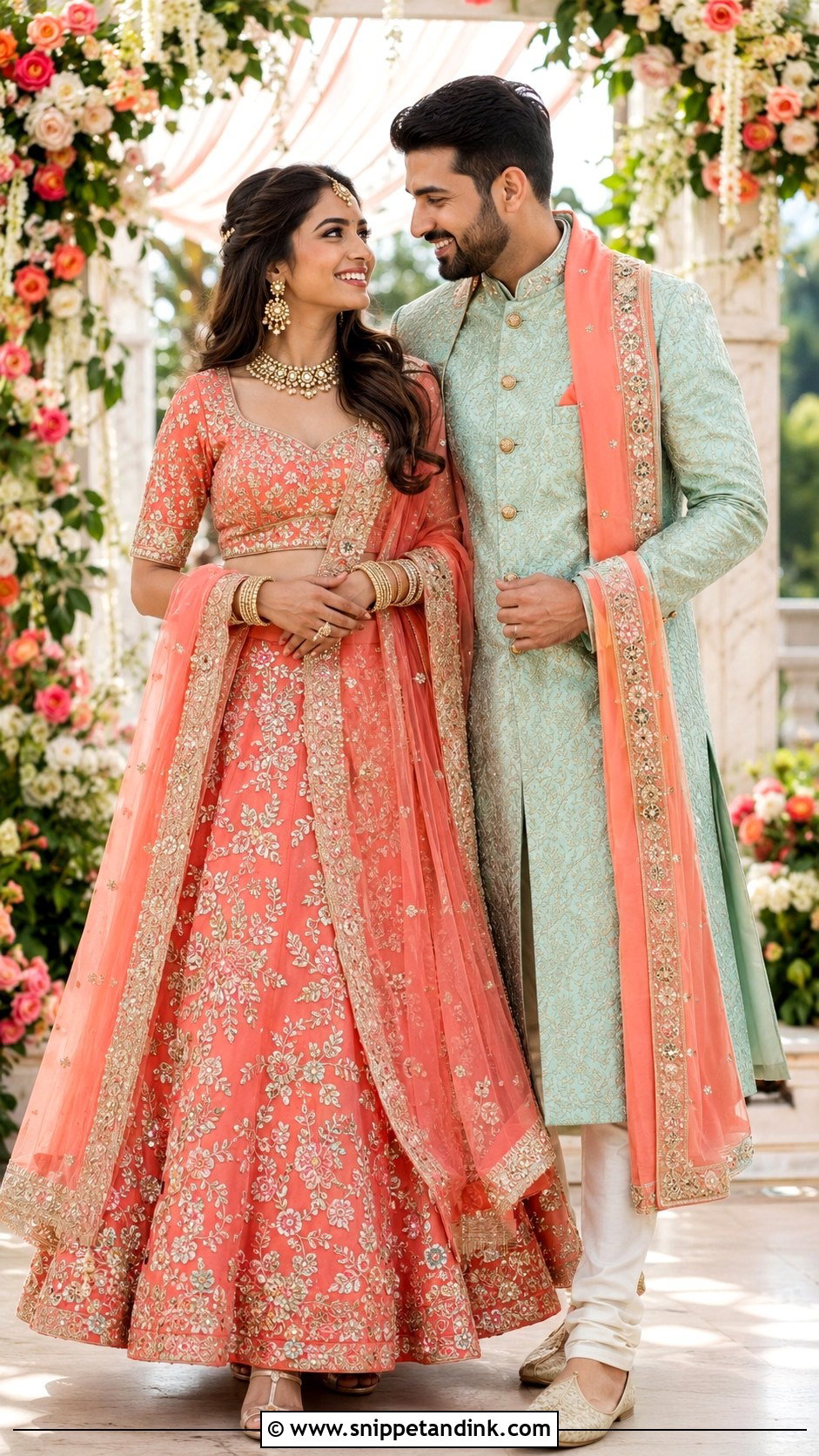 Coral Lehenga And Mint Sherwani Wedding Outfit - Snippet and Ink - 25 Couple Contrast Outfits for Wedding
