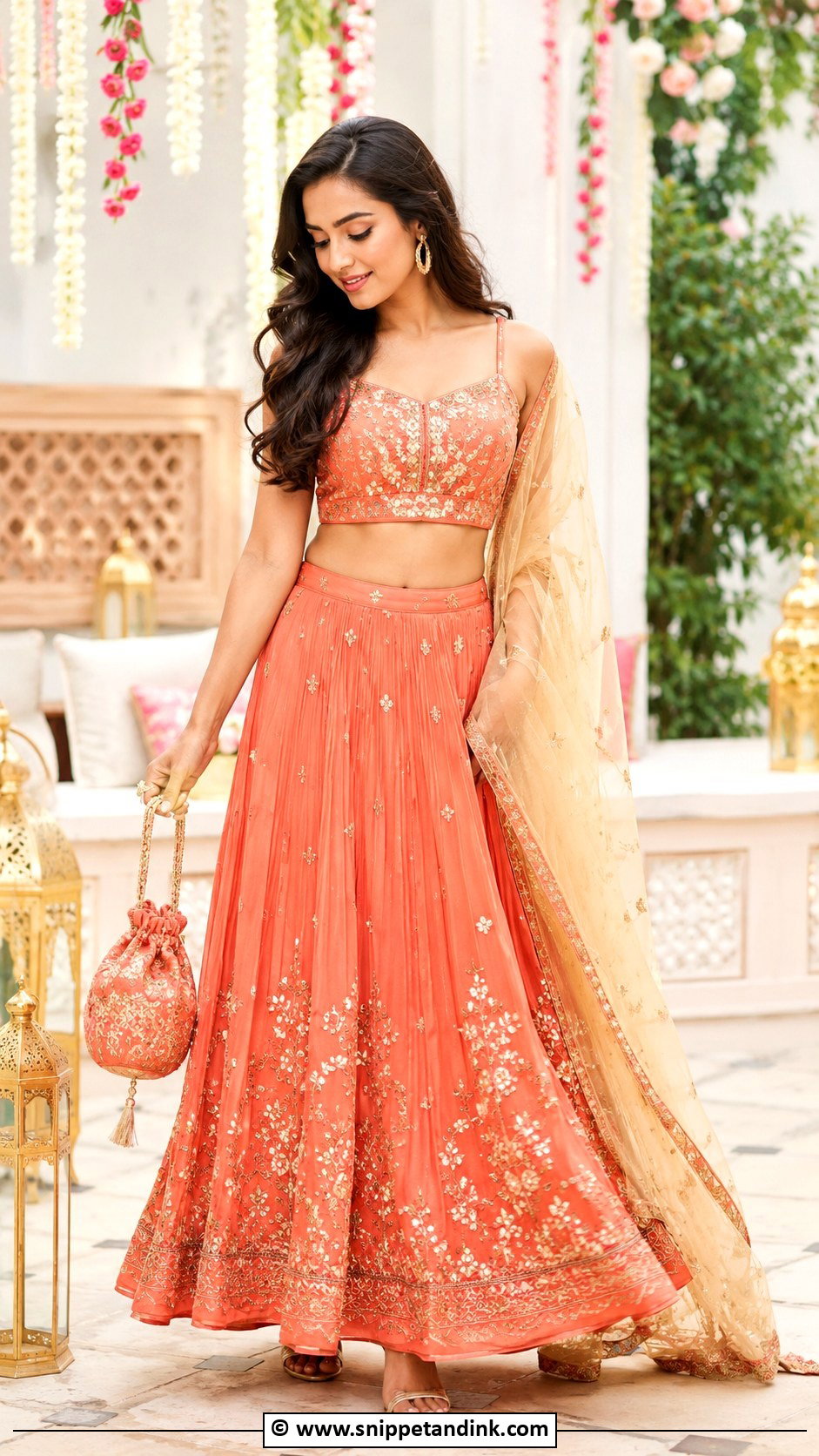 Coral Lehenga Henna Night Outfit - Snippet and Ink - 30 Henna Night Dress Ideas