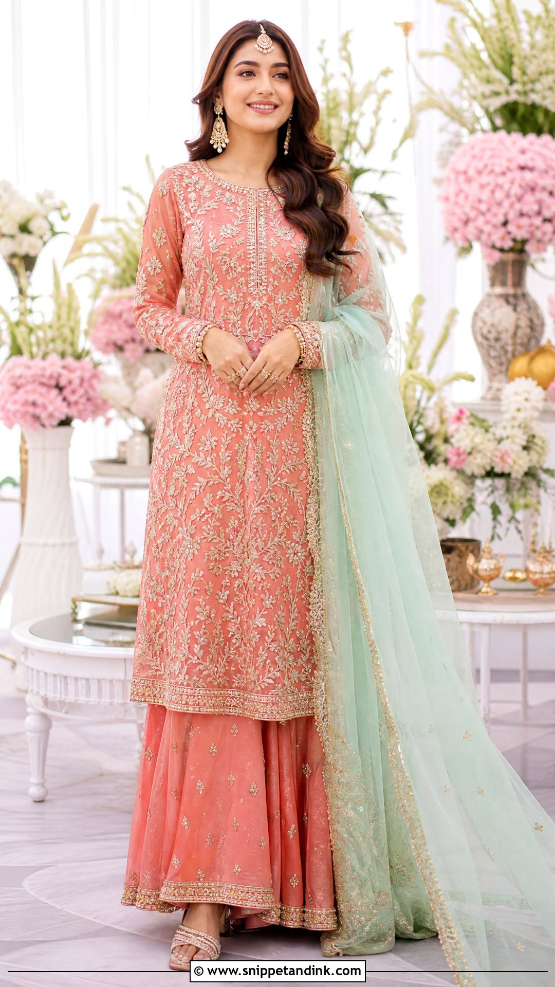 Coral Long Shirt With Lehenga - Snippet and Ink - 25 Pakistani Long Shirt Wedding Dress Ideas