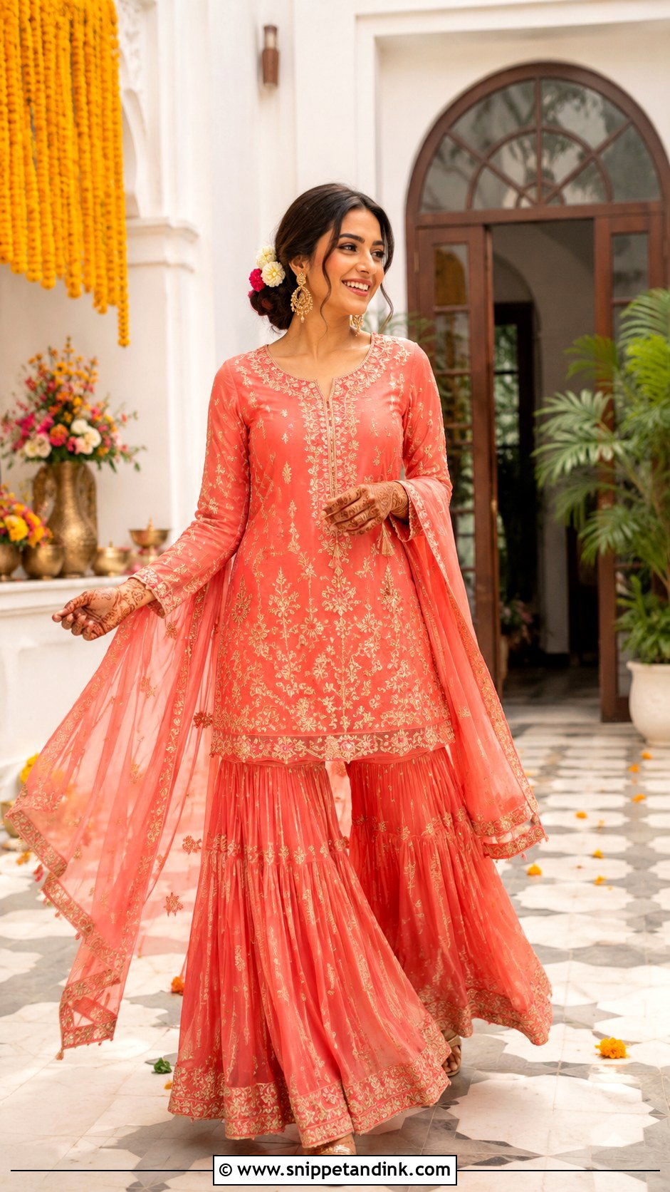 Coral Mehendi Sharara - Snippet and Ink - 25 Mehendi Outfit Ideas for Bride