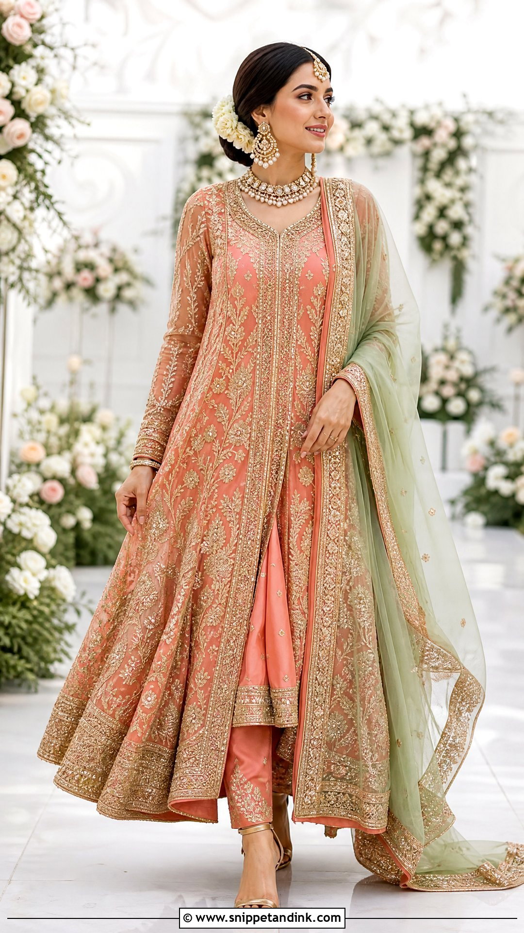 Coral Mehndi Bridal Pishwas - Snippet and Ink - 20 Pakistan Mehndi Bridal Outfit Ideas