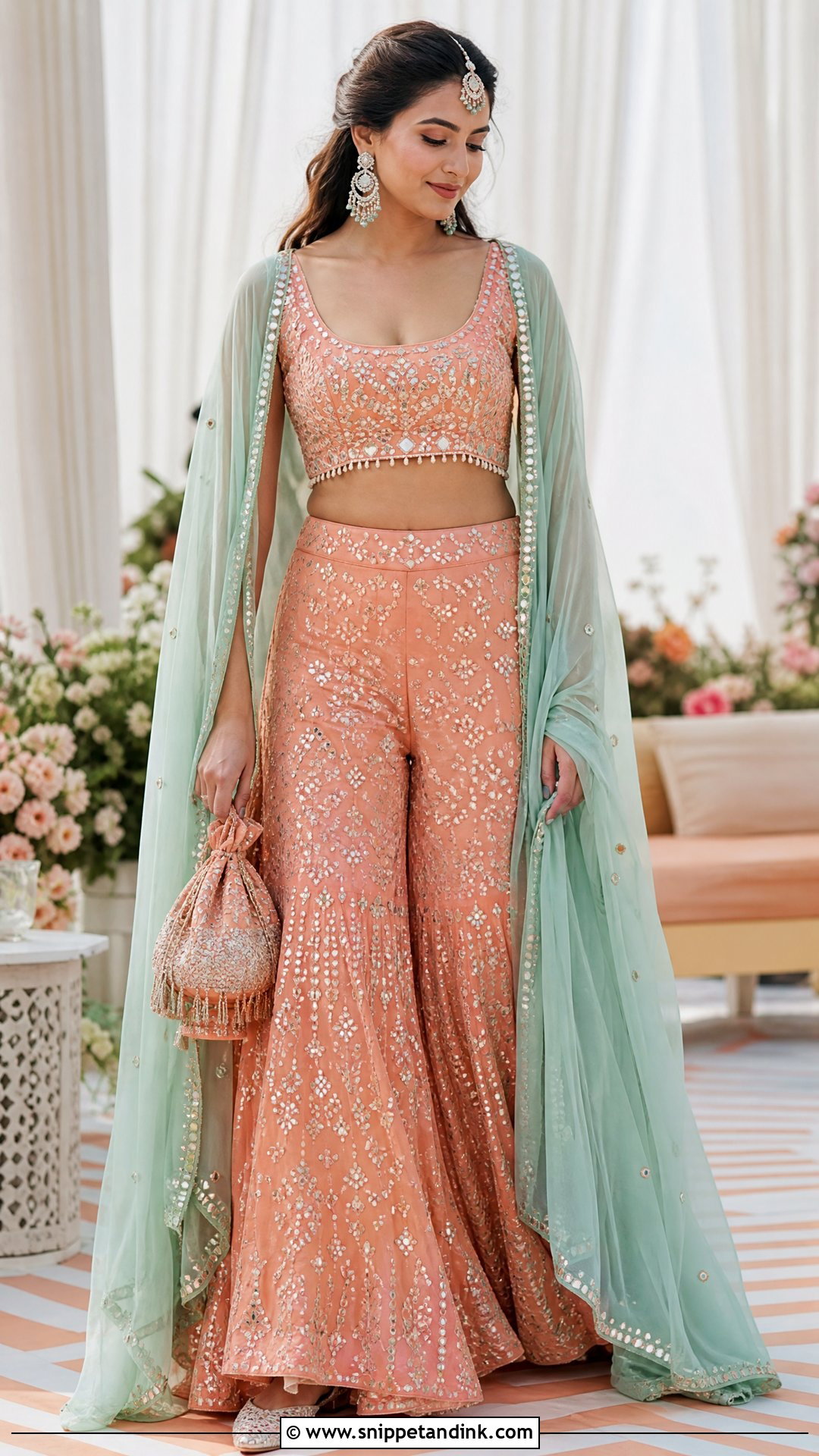 Coral Mirror Work Mehndi Bridal Co Ord Set - Snippet and Ink - 25 Mehndi Bridal Dress Ideas