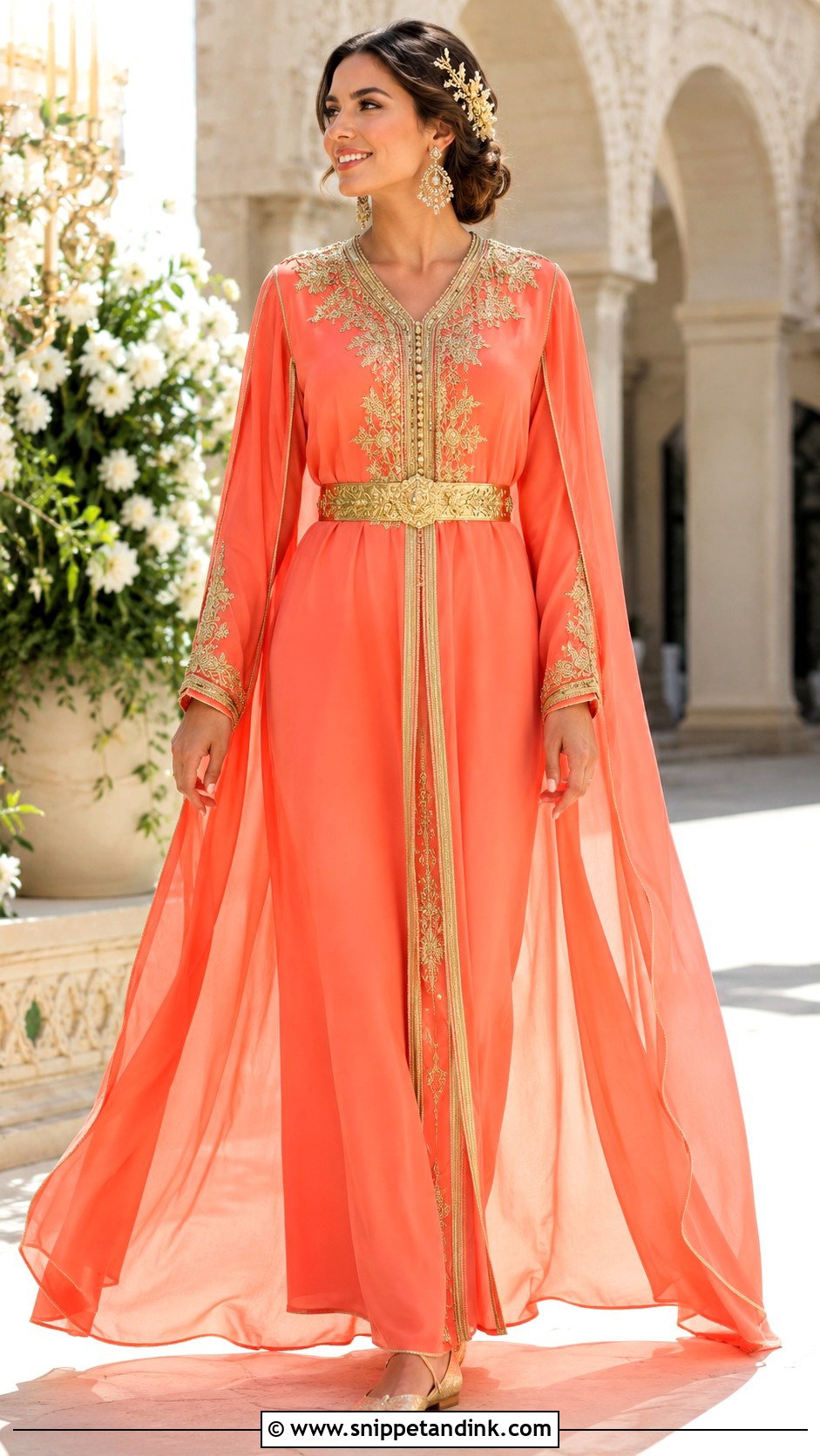 Coral Moroccan Bride Kaftan With Gold Embroidery - Snippet and Ink - 20 Moroccan Bride Dress Ideas