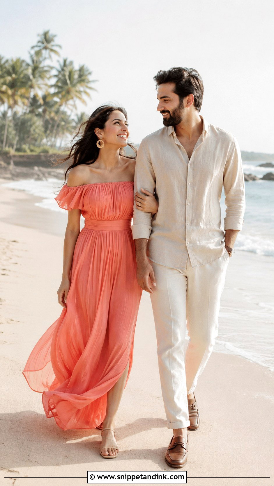 Coral Off Shoulder Dress And Beige Outfit - Snippet and Ink - 20 Beach Pre Wedding Shoot Outfit Ideas