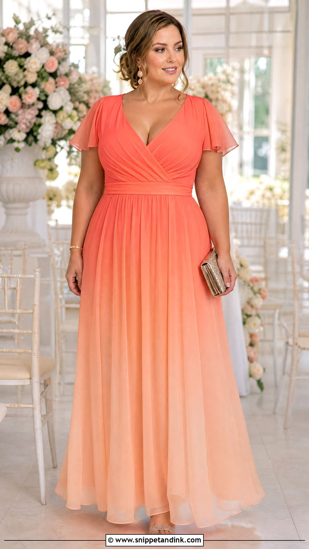 Coral Ombre Gown With Champagne Accessories - Snippet and Ink - 25 Ombre Gown Ideas