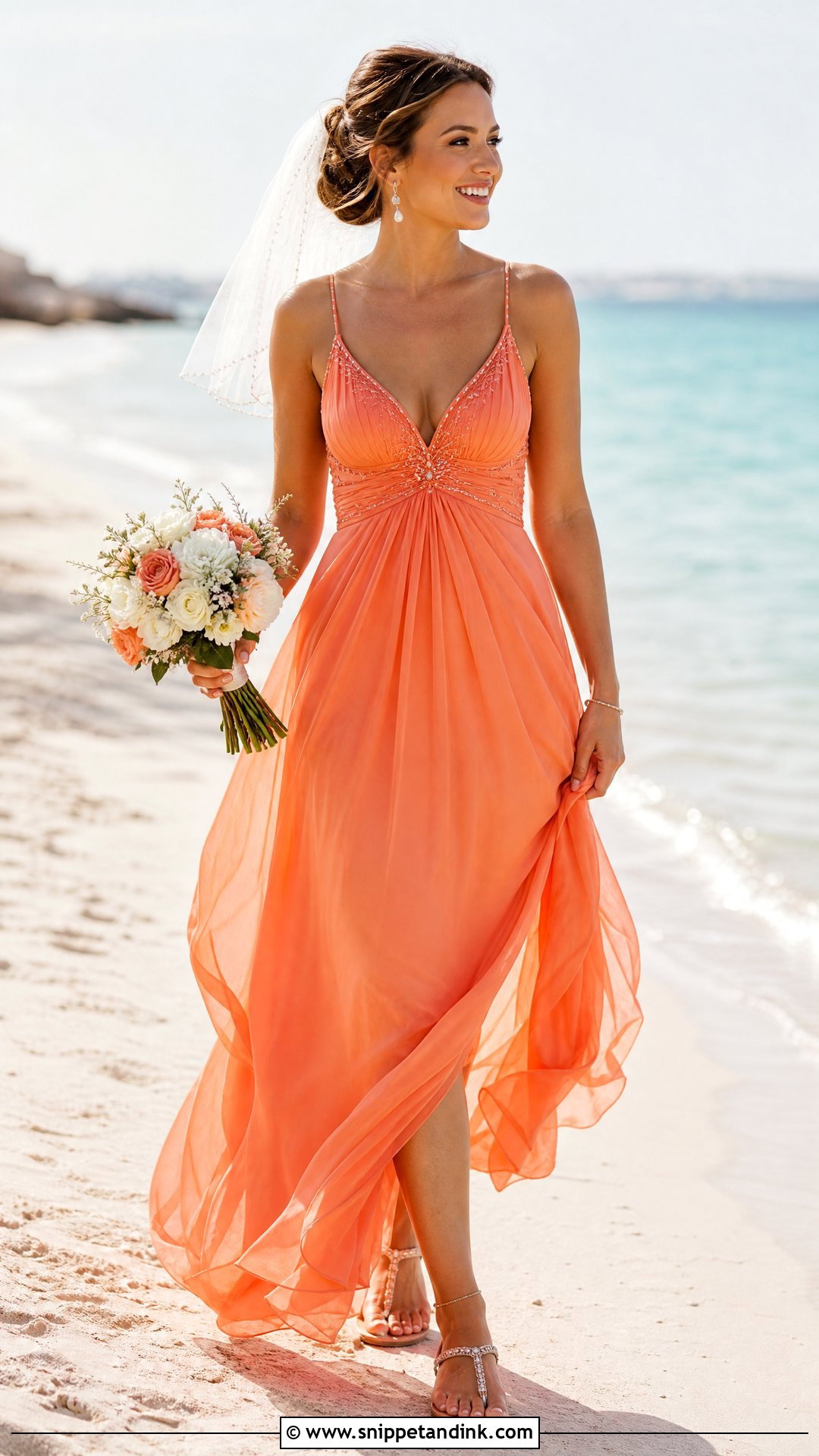Coral Orange Beach Bridal Dress With Flat Sandals - Snippet and Ink - 20 Orange Bridal Dress Ideas