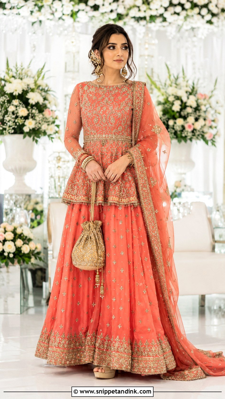 Coral Pakistani Bridal Peplum Lehenga - Snippet and Ink - 20 Pakistan Bridal Dress Ideas