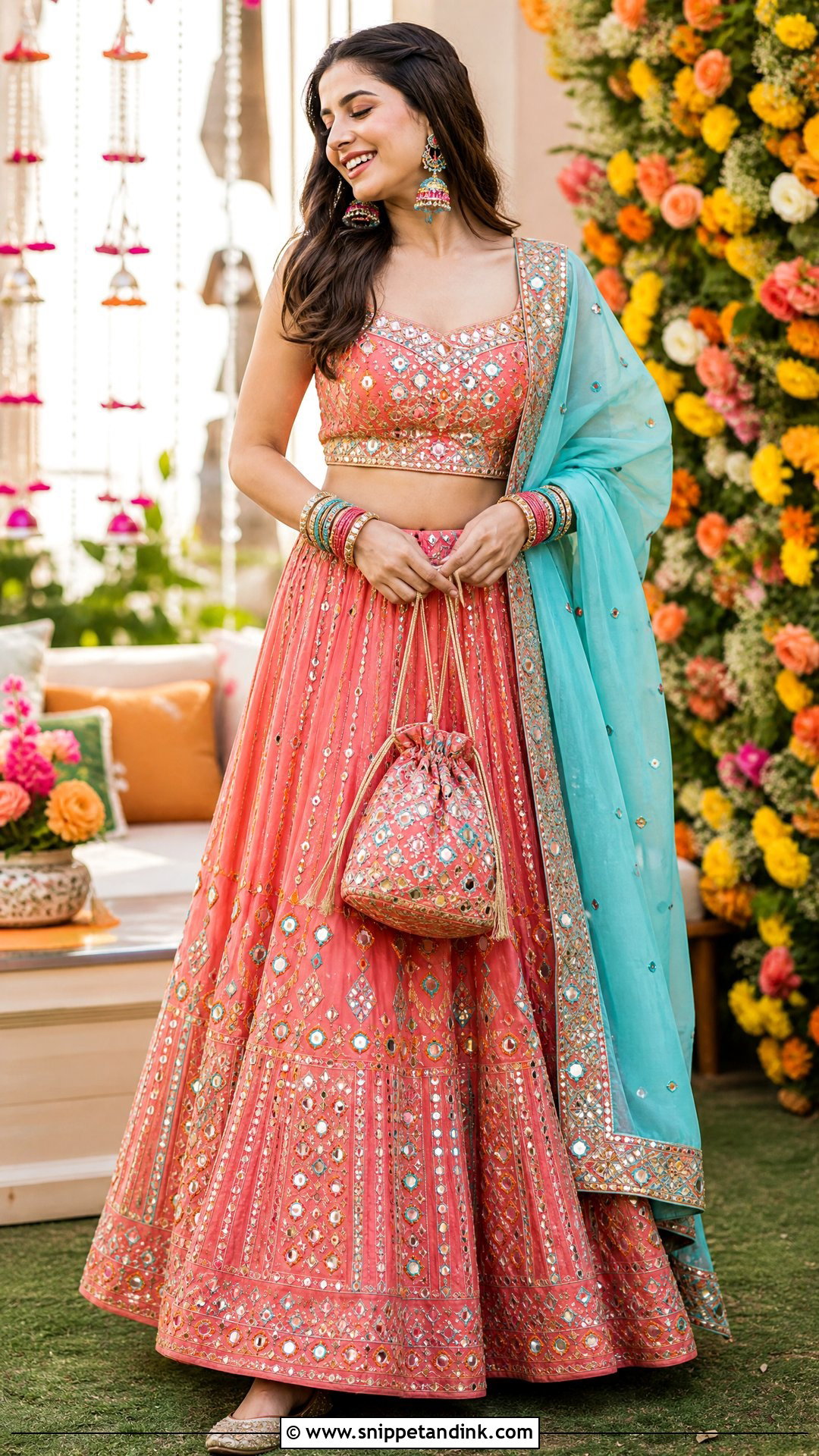 Coral Pakistani Mirror Work Lehenga Dress - Snippet and Ink - 25 Pakistani Fancy Dresses for Wedding