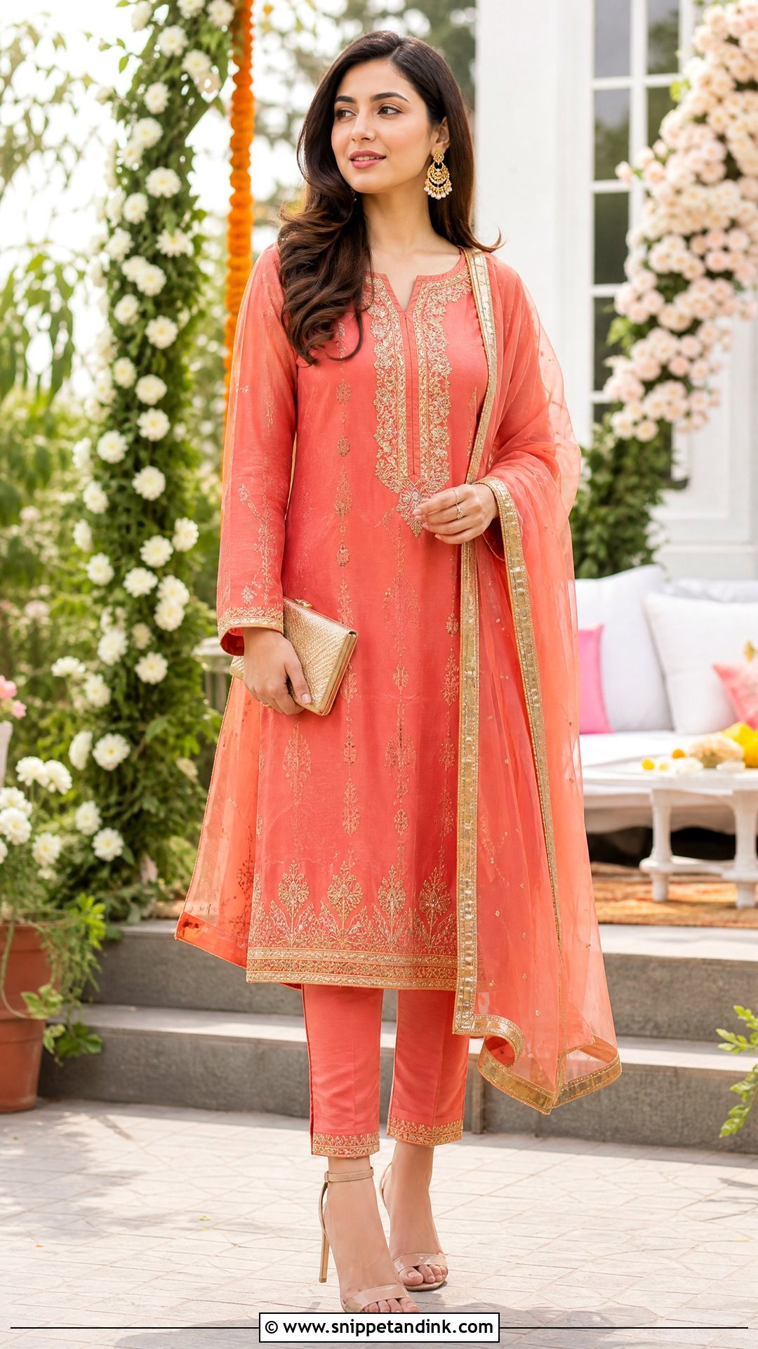 Coral Pakistani Wedding Shirt With Cigarette Trousers - Snippet and Ink - 25 Simple Pakistani Wedding Dress Ideas