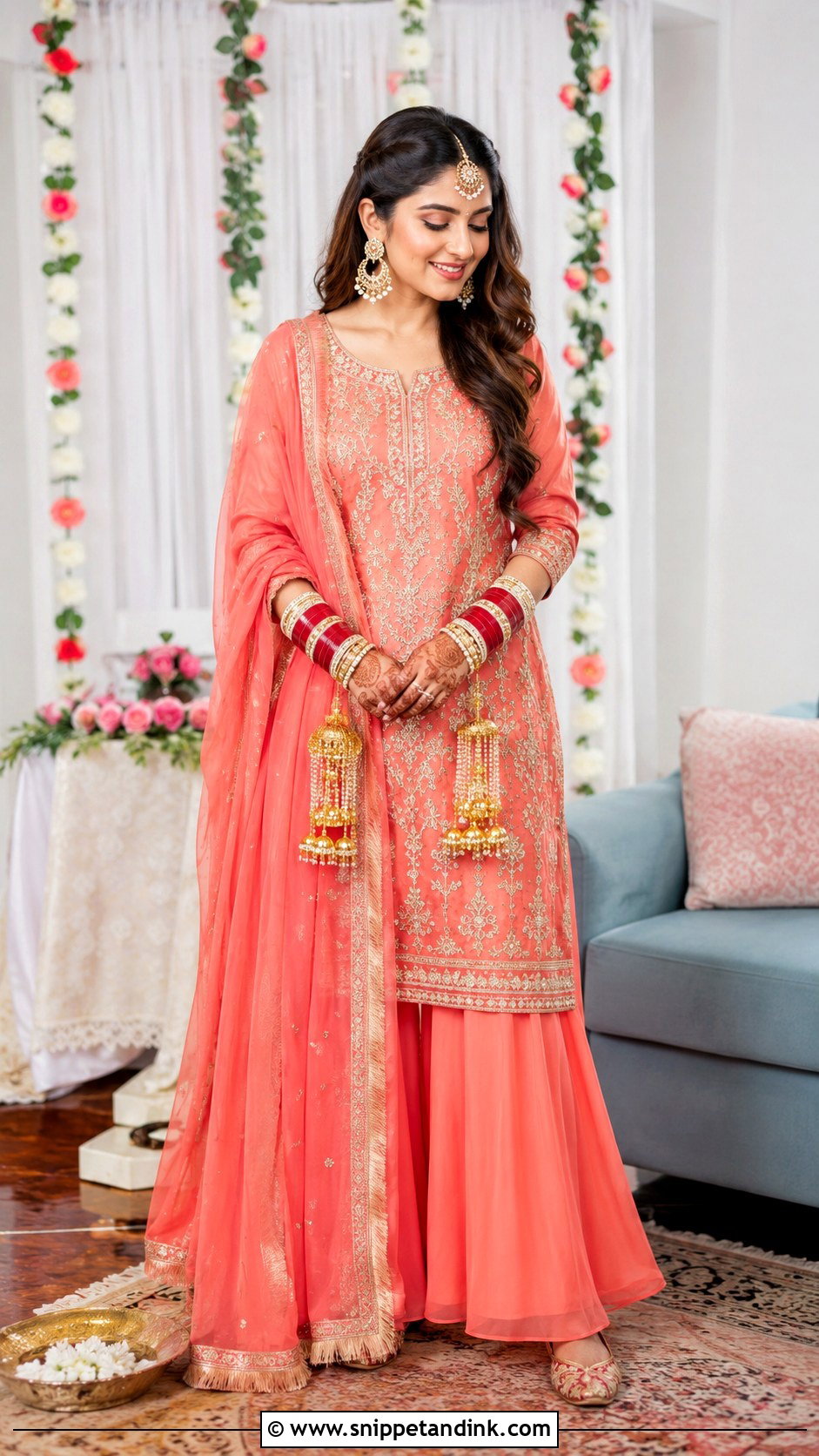 Coral Palazzo Suit Chooda Ceremony Outfit - Snippet and Ink - 20 Chooda Ceremony Outfit Ideas