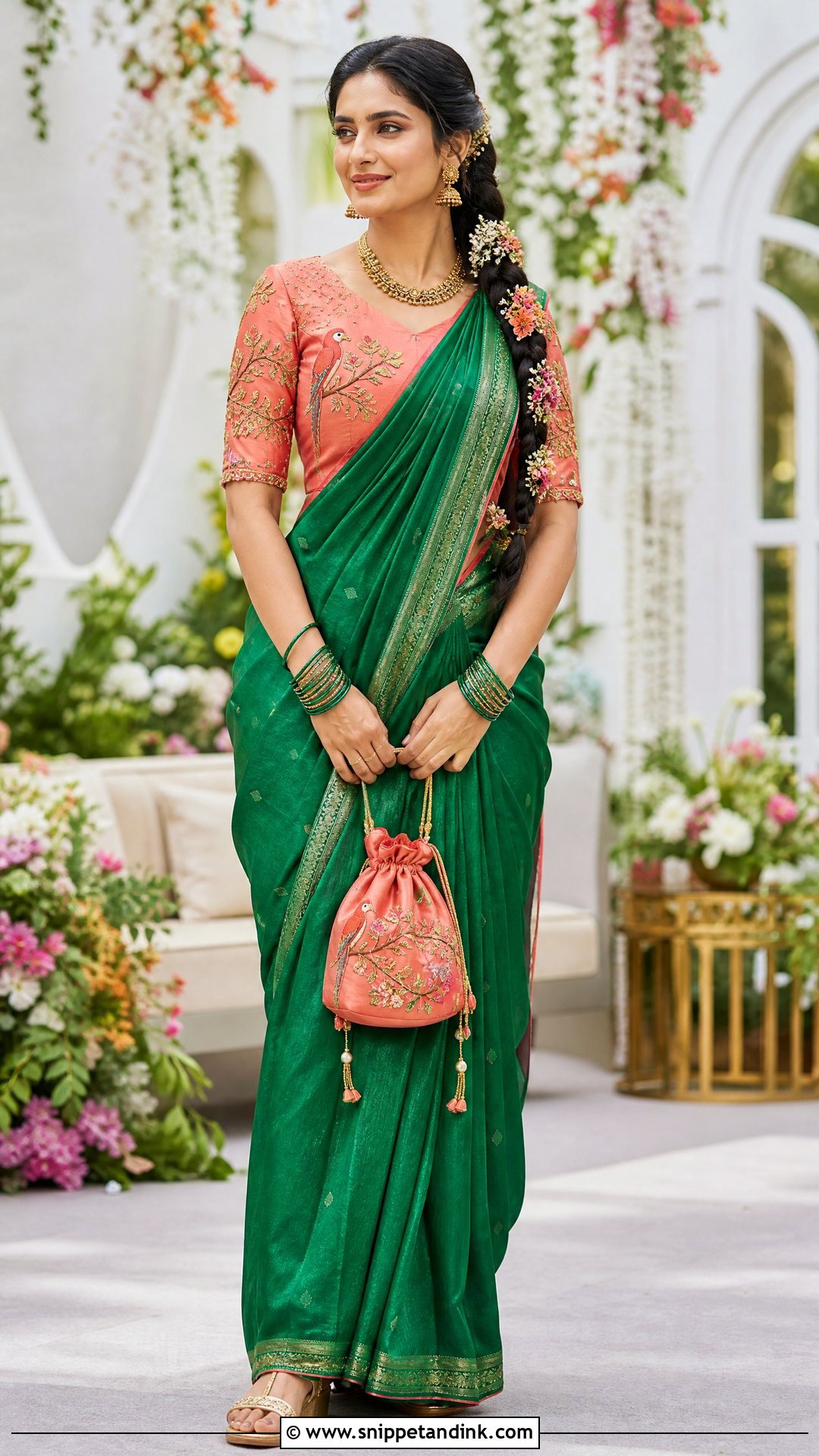 Coral Parrot Maggam Work Blouse With Green Saree - Snippet and Ink - 20 Wedding Maggam Work Blouse Designs