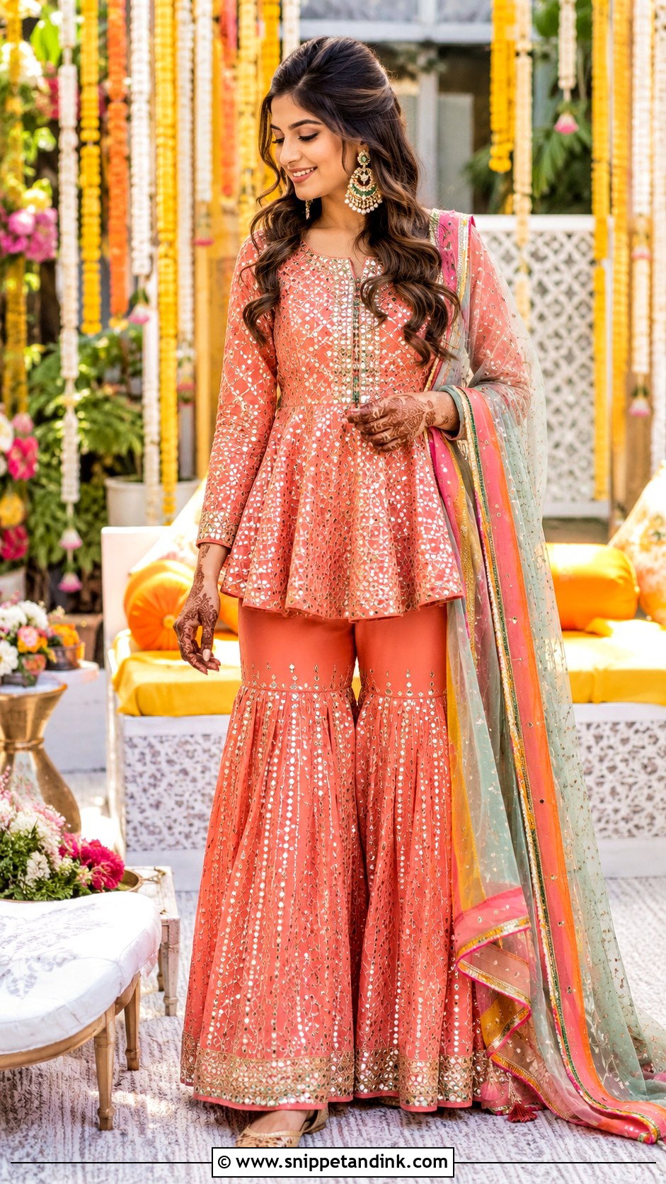 Coral Peplum Mehendi Sharara - Snippet and Ink - 20 Bridal Mehendi Outfits