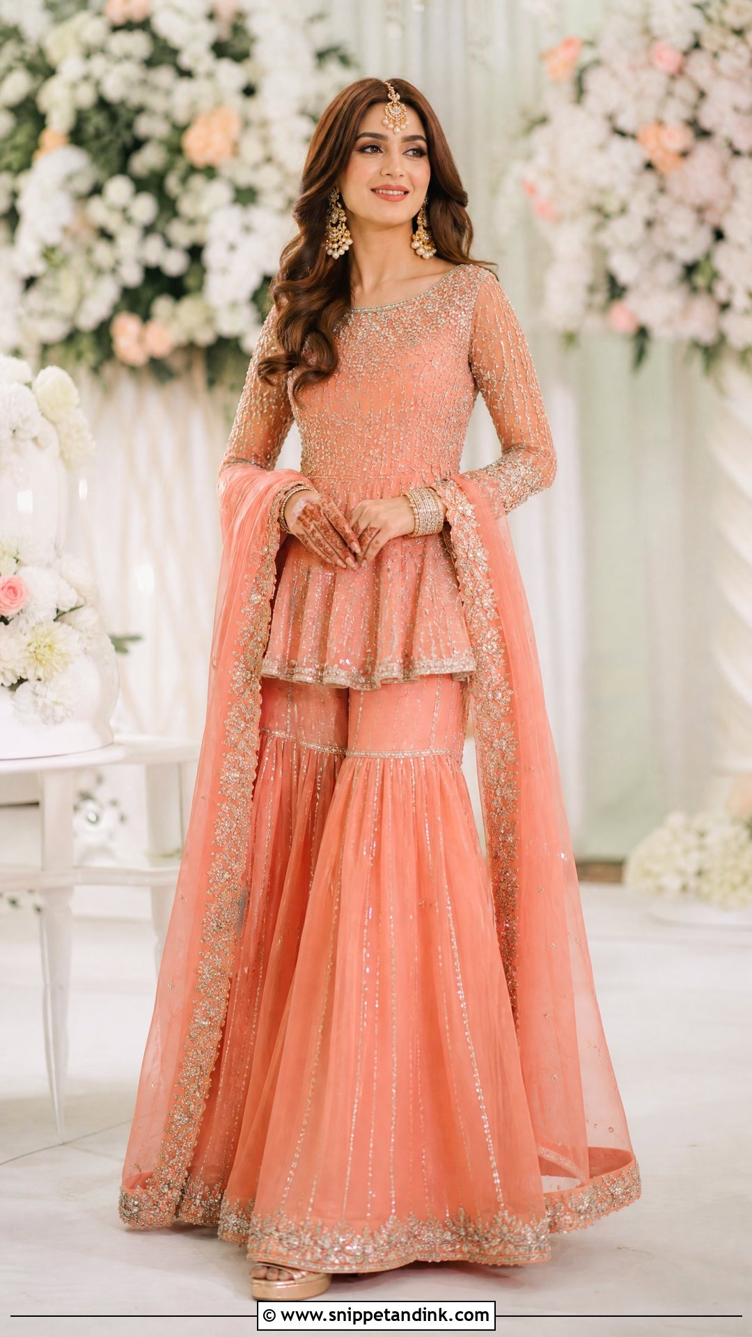 Coral Peplum Sangeet Sharara - Snippet and Ink - 20 Pakistani Bridal Sangeet Outfit Ideas