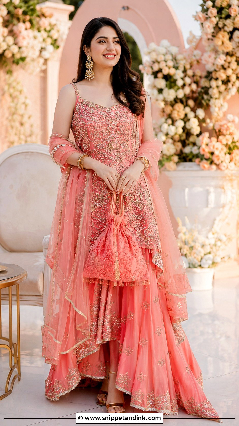 Coral Pink Asymmetrical Lehenga Mangni Dress - Snippet and Ink - 20 Mangni Dress Pakistani Bridal Ideas