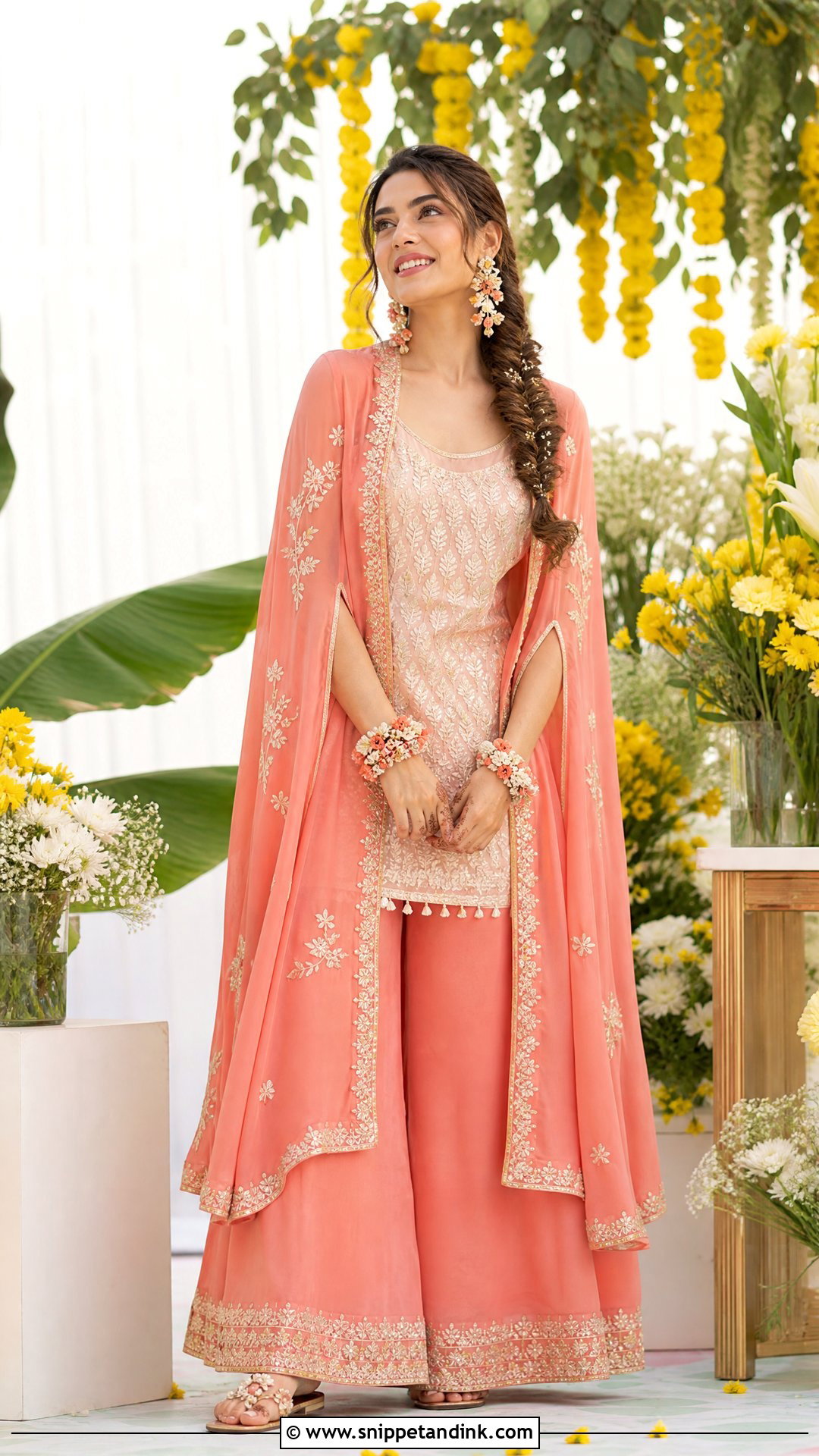 Coral Pink Palazzo Set for Haldi - Snippet and Ink - 20 Pink Haldi Outfit for Bride Ideas