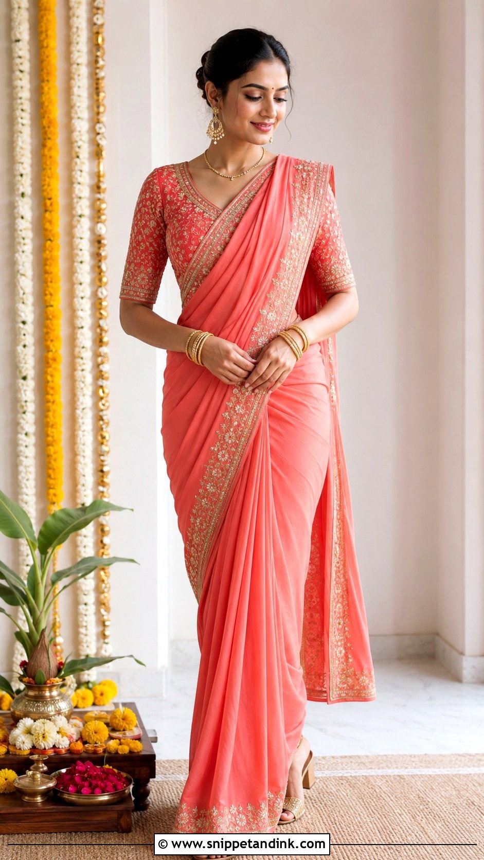 Coral Pre Draped Saree Grahshanti Outfit - Snippet and Ink - 20 Grahshanti Outfit for Bridal Ideas