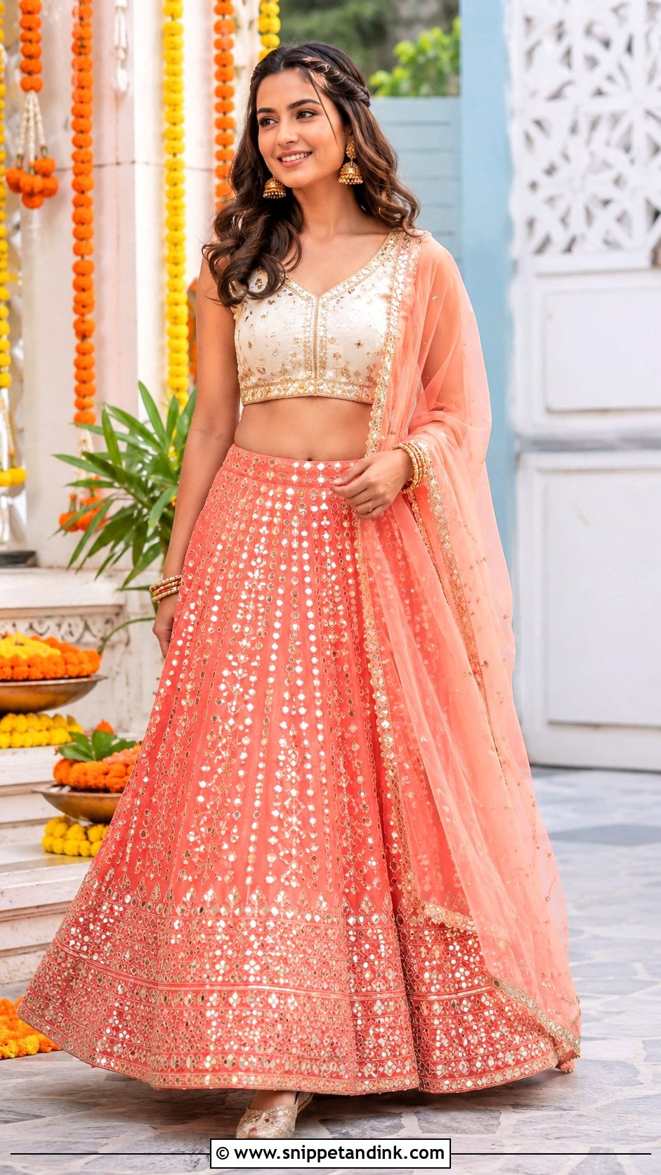 Coral Punjabi Wedding Lengha With Mirror Work - Snippet and Ink - 25 Punjabi Wedding Lengha Ideas