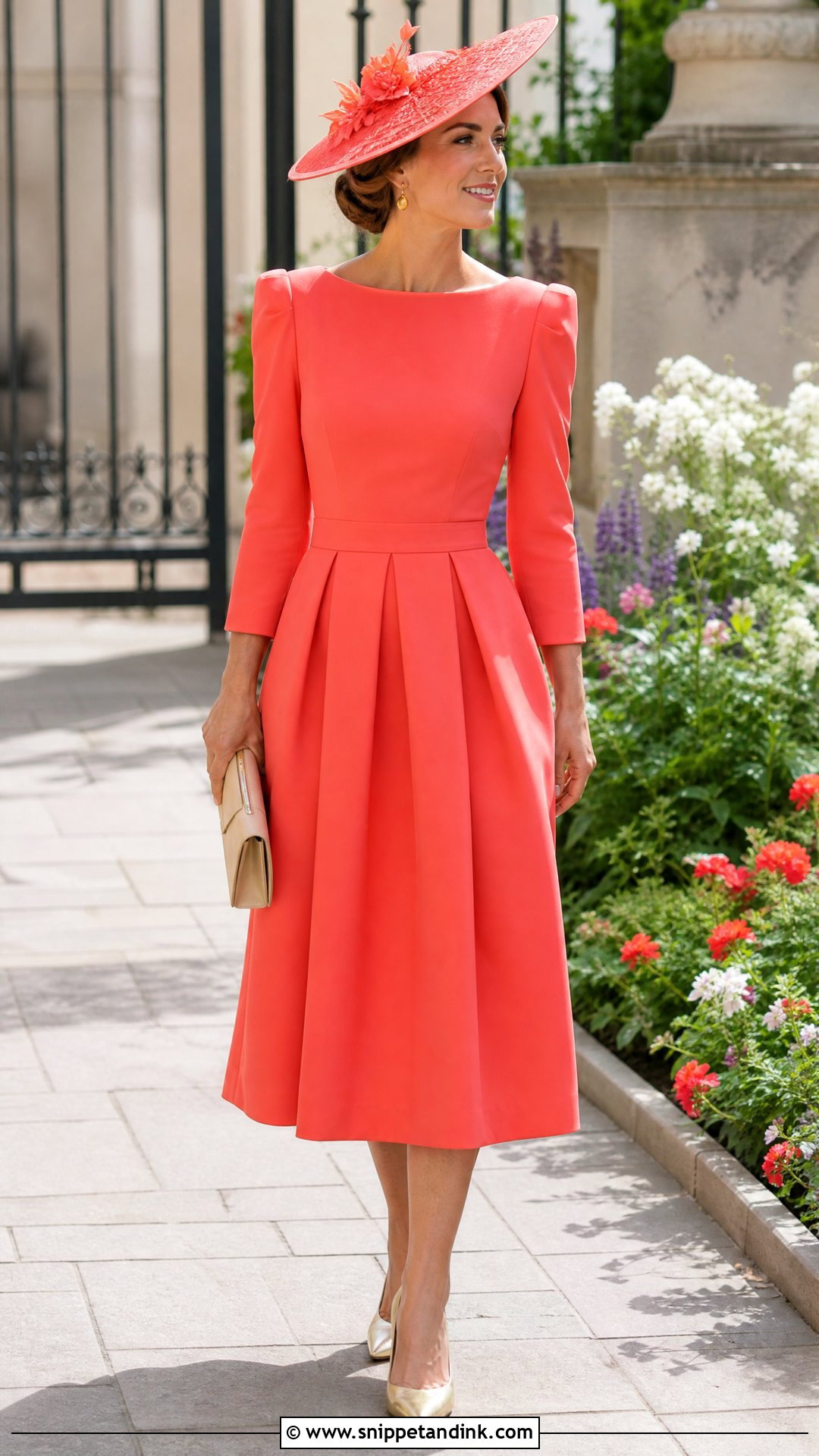 Coral Royal Wedding Midi Dress Outfit - Snippet and Ink - 20 Royal Wedding Outfits
