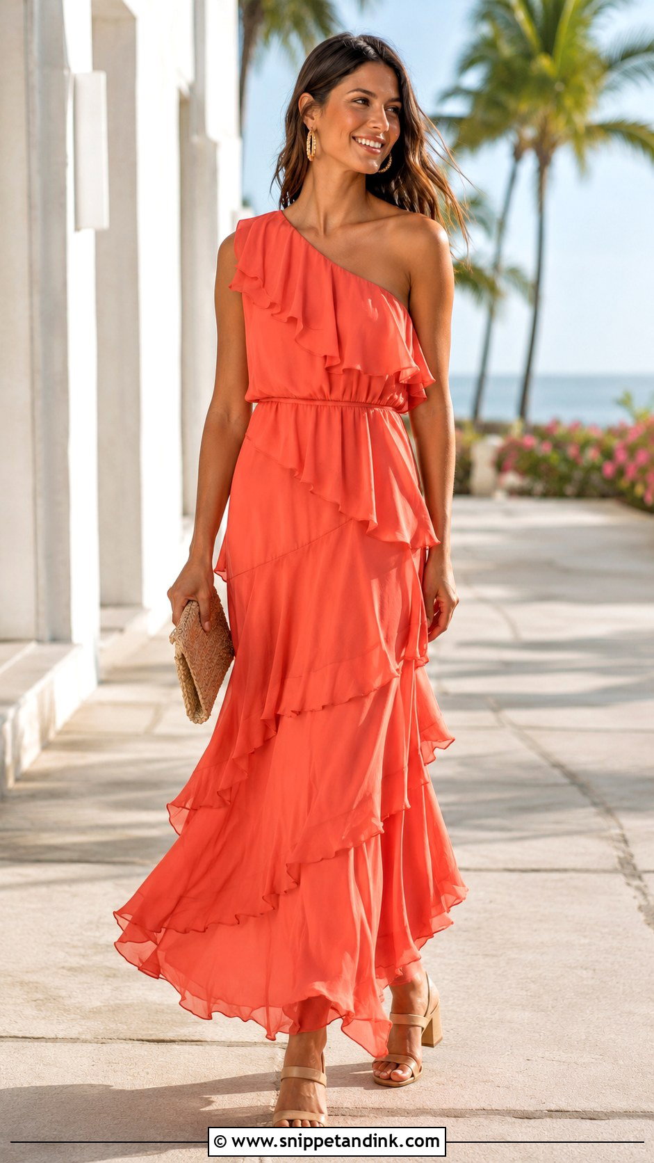 Coral Ruffle Long Wedding Guest Dress With Woven Accessories - Snippet and Ink - 20 Long Dresses for Wedding