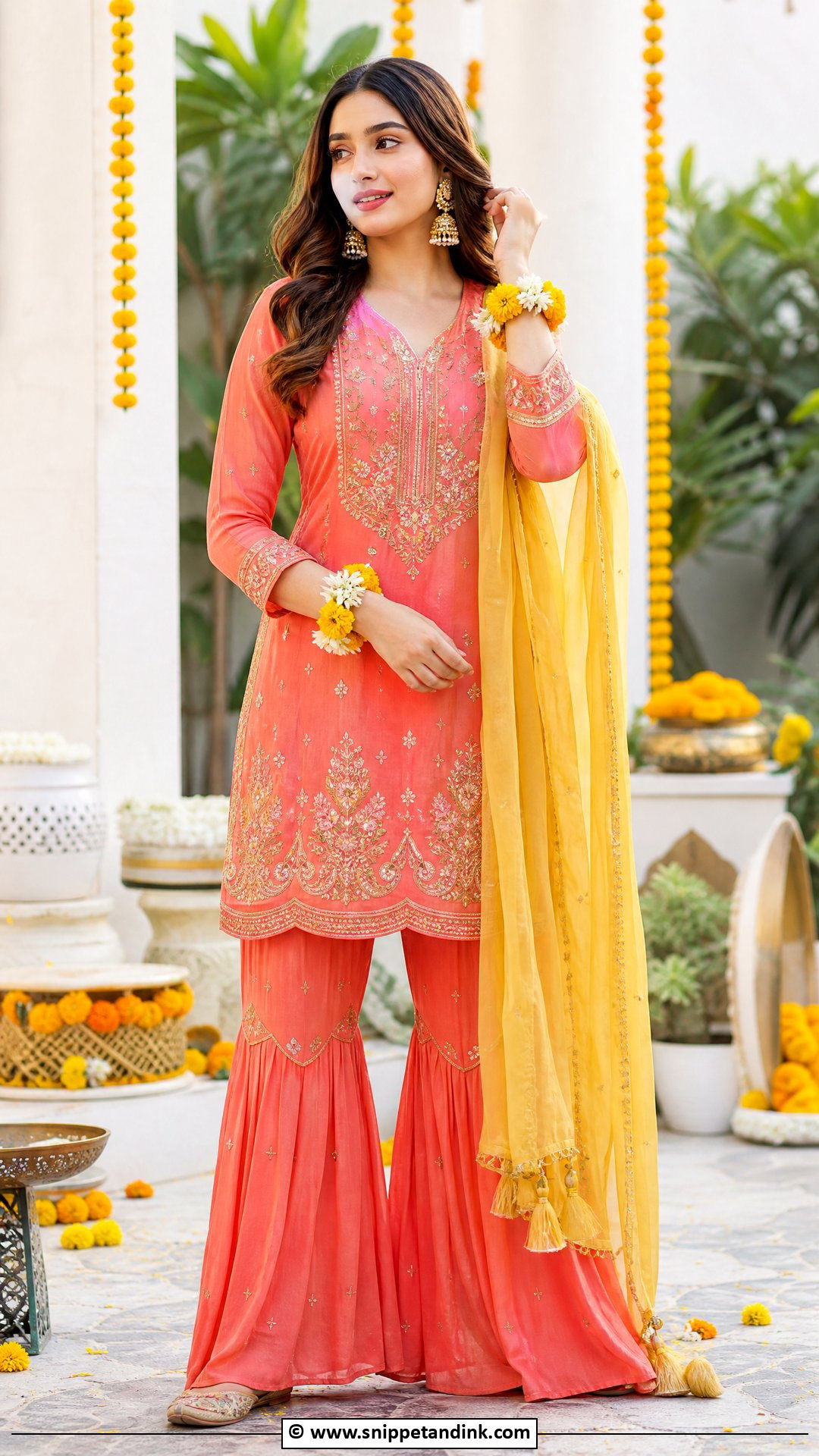 Coral Sharara Haldi Outfit - Snippet and Ink - 35 Haldi Outfit Ideas