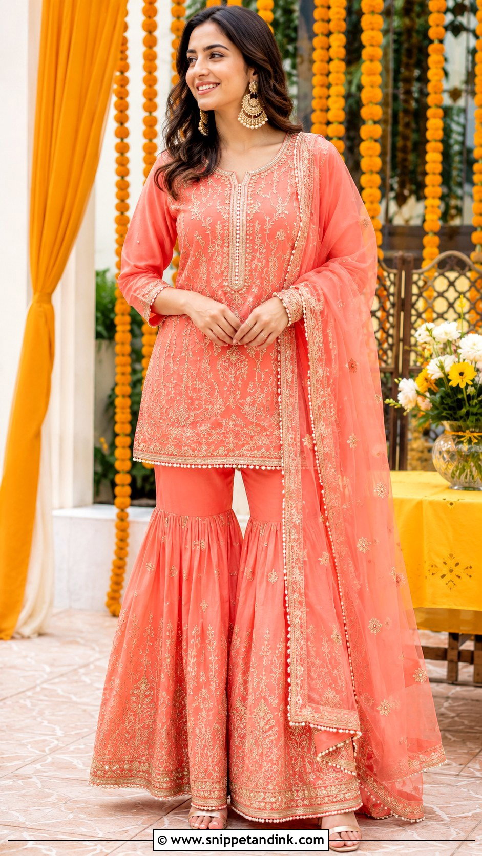 Coral Sharara Mehendi Outfit - Snippet and Ink - 35 Mehendi Outfits