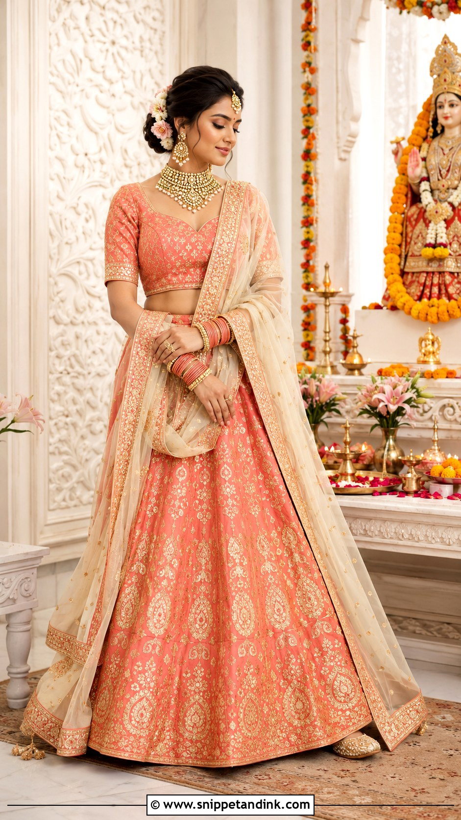 Coral Silk Lehenga Mata Poojan Look - Snippet and Ink - 20 Mata Poojan Look for Bride Ideas