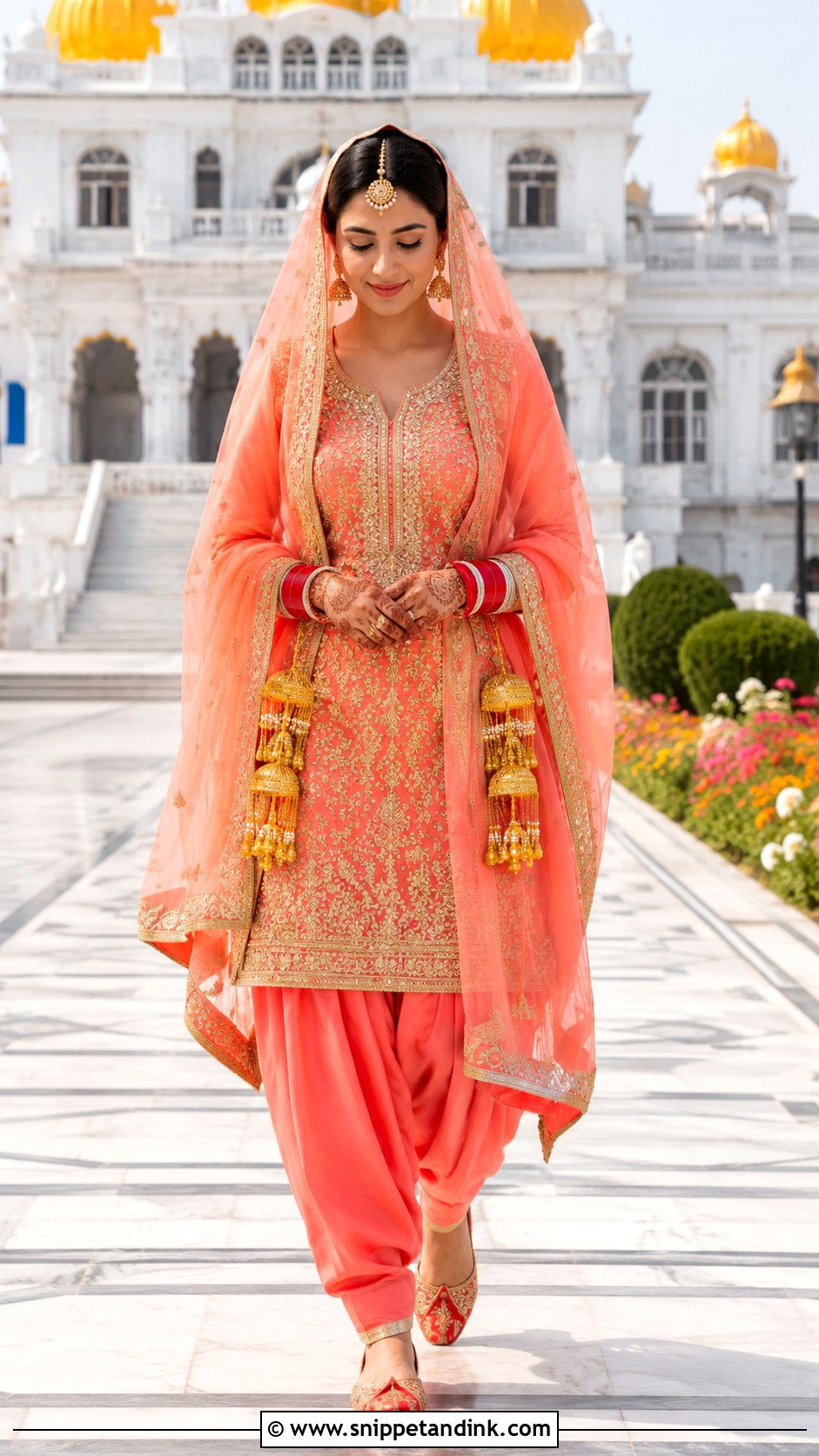 Coral Silk Salwar Suit For Anand Karaj Bride - Snippet and Ink - 20 Anand Karaj Suit Bride Ideas