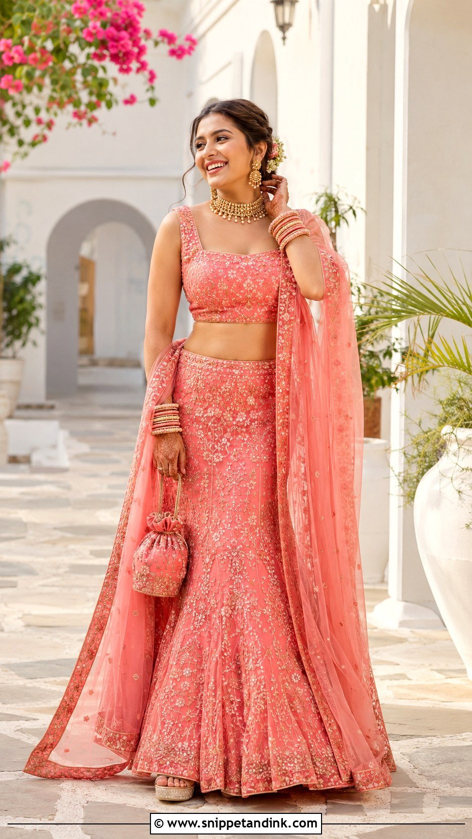 Coral Threadwork Mermaid Bridal Lehenga - Snippet and Ink - 20 Indian Mermaid Wedding Dress Ideas