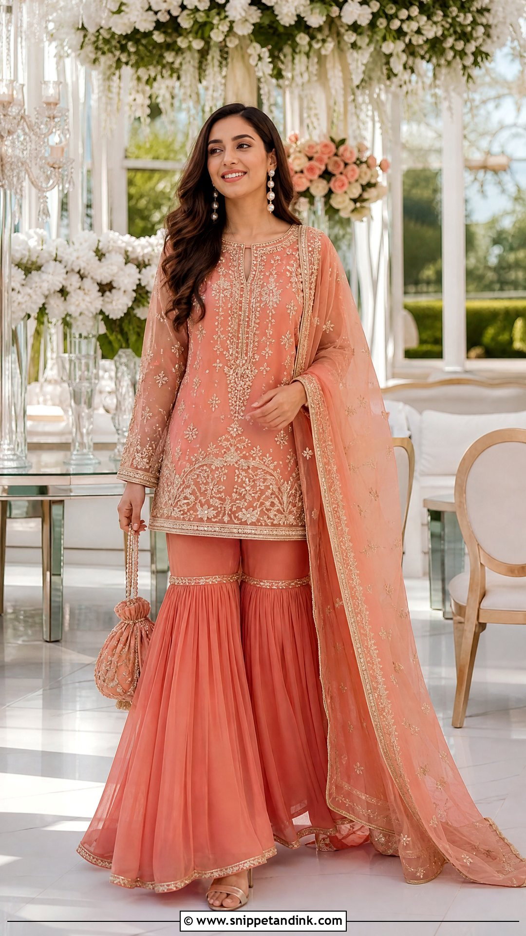 Coral Walima Dress With Short Shirt Sharara - Snippet and Ink - 25 Walima Dress for Bride Sister Ideas