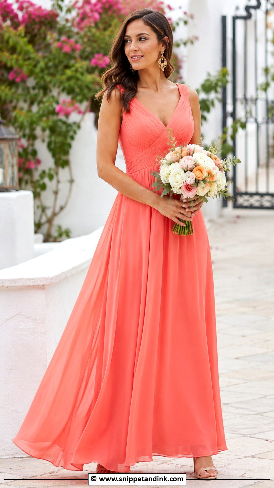 Coral Wedding Dress With Gold Earrings - Snippet and Ink - 30 Colorful Wedding Dress Ideas