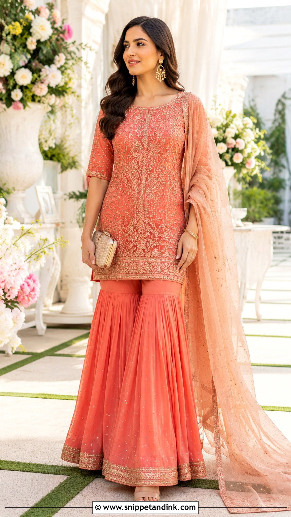 Coral Wedding Guest Sharara Dress - Snippet and Ink - 30 Pakistani Wedding Dress Ideas
