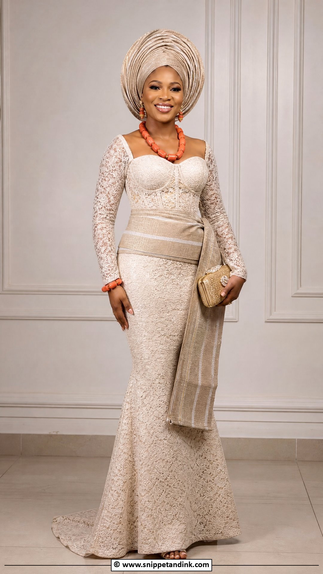 Cord Lace Gown With Aso Oke Detail - Snippet and Ink - 35 Cord Lace Gown Styles