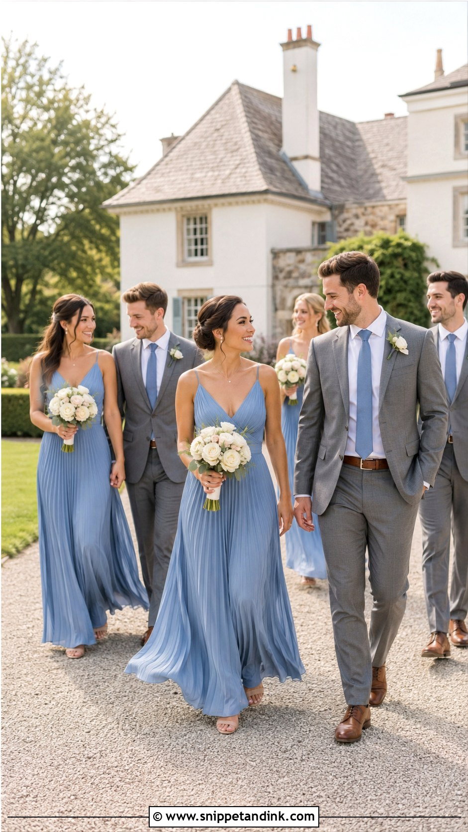 Cornflower Blue Pleated Dresses With Gray Suits - Snippet and Ink - 20 Blue Wedding Party Attire Ideas