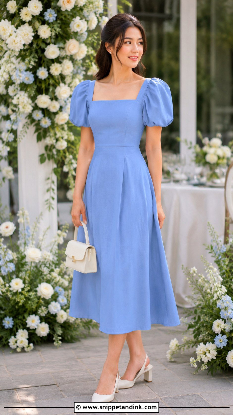 Cornflower Blue Puff Sleeve Midi Dress With White Accessories - Snippet and Ink - 20 Blue Dresses to Wear to a Wedding