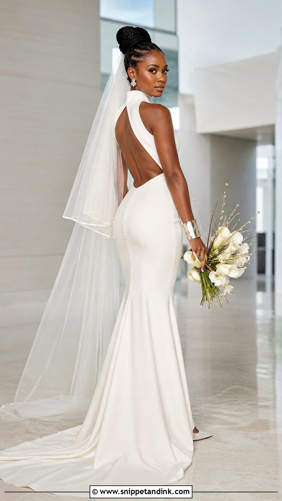 Cornrow Updo With High Neck Wedding Dress - Snippet and Ink - 20 Braid Dress Wedding Ideas