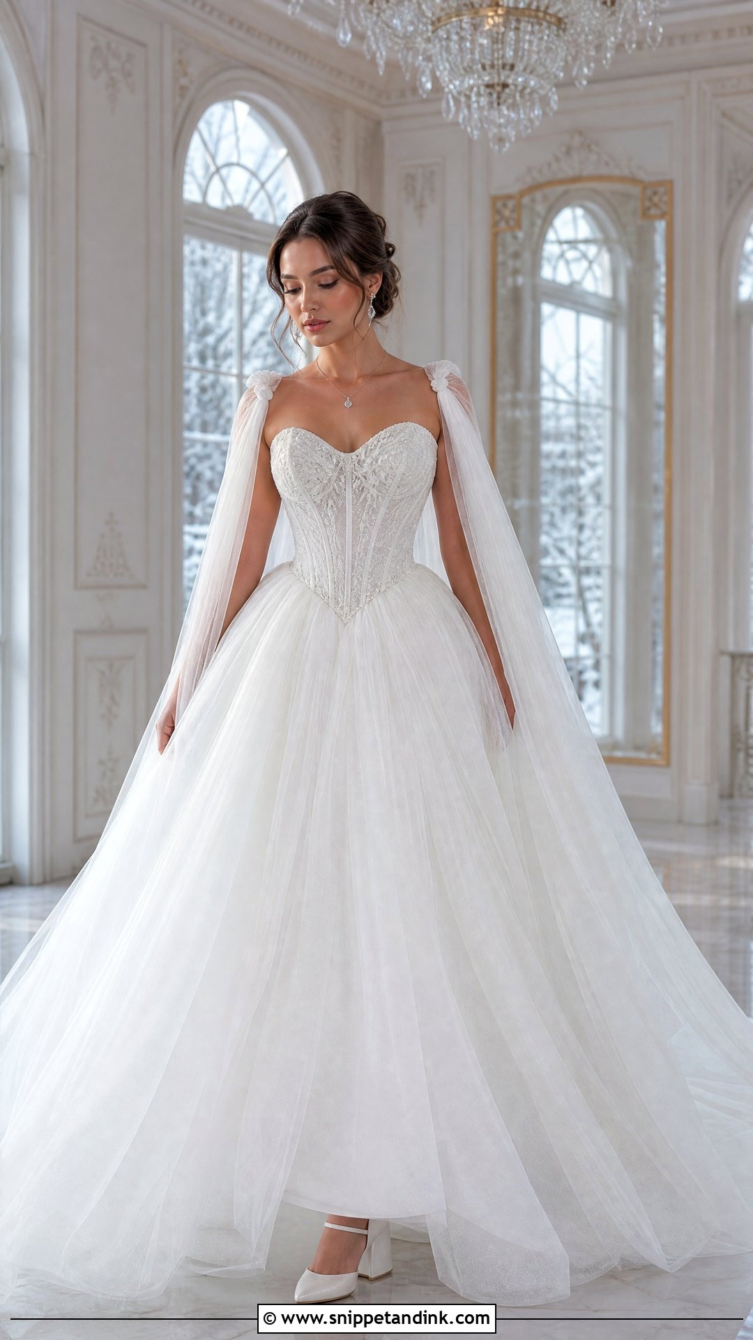 Corset Ball Gown With Cape Sleeves - Snippet and Ink - 20 Winter Wonderland Wedding Dress Ideas