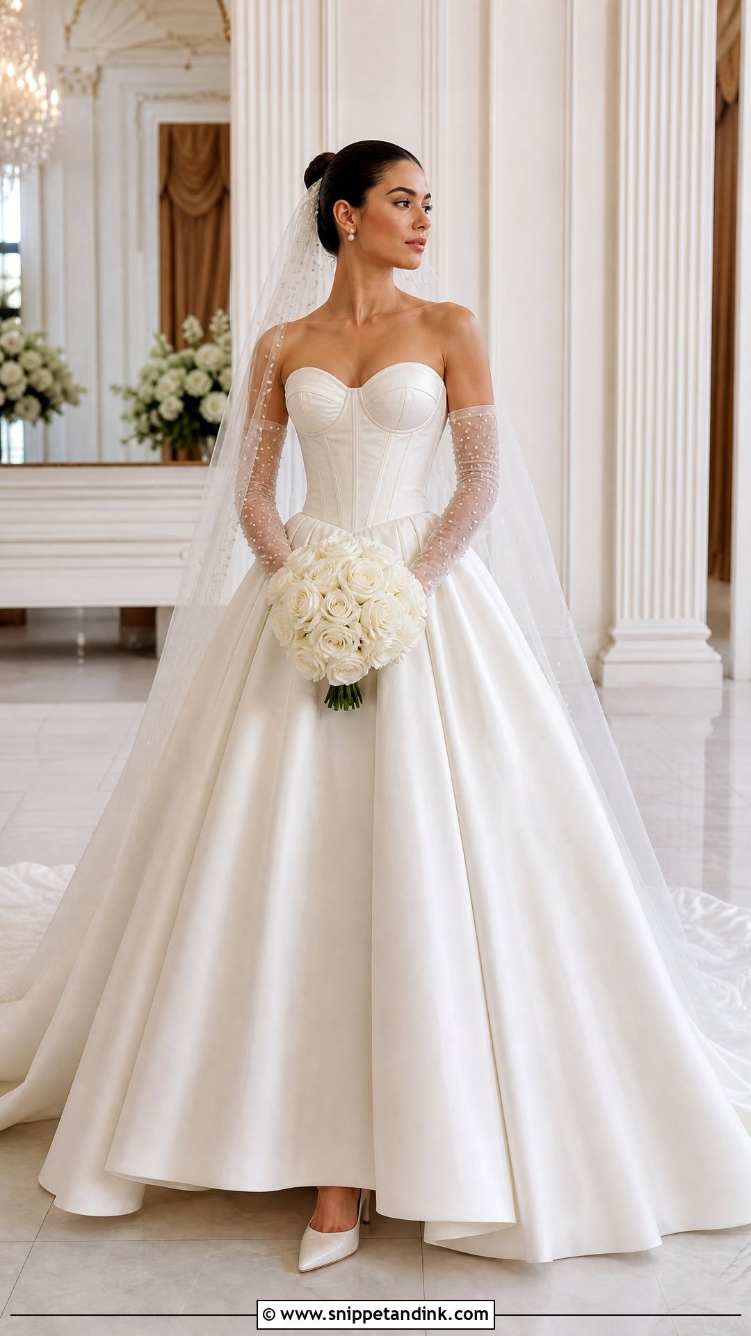 Corset Ball Gown With Long Pearl Gloves - Snippet and Ink - 20 Wedding Dress with Long Gloves Ideas