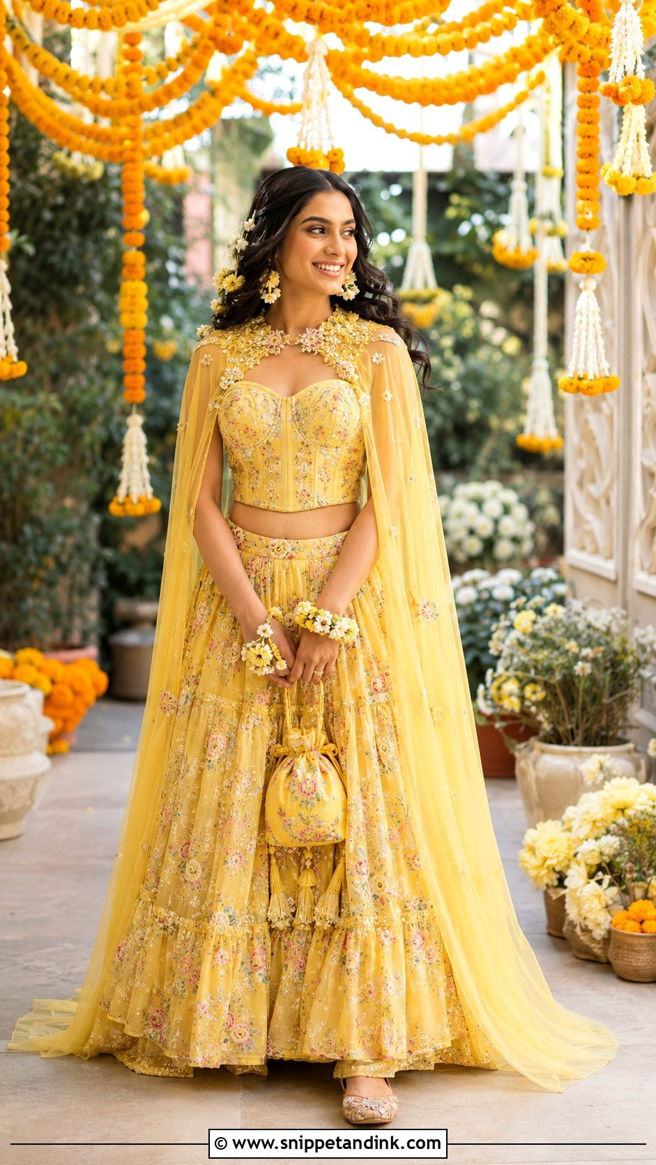 Corset Blouse And Cape Lehenga Haldi Outfit - Snippet and Ink - 20 Indowestern Haldi Ceremony Outfit Ideas