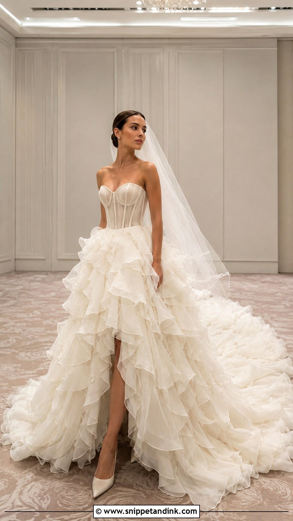 Corset Bodice Ruffle Train Dress - Snippet and Ink - 20 Bridal Train Dresses