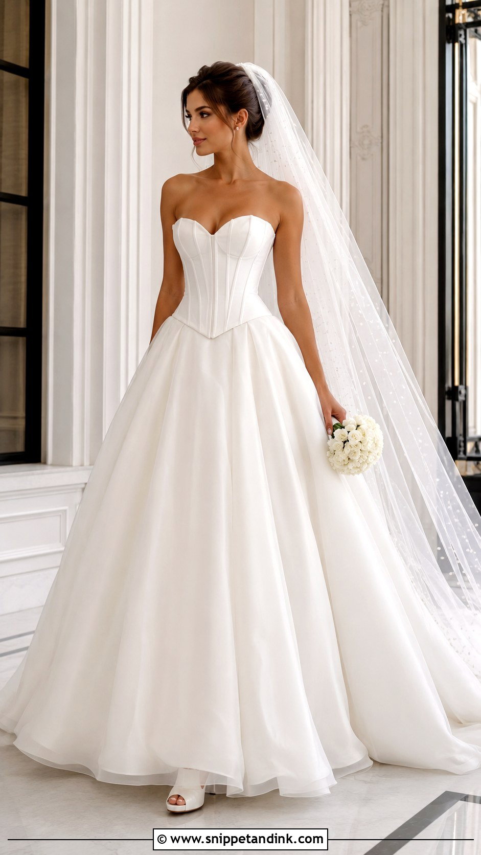 Corset Low Waist Princess Dress With Pearl Veil - Snippet and Ink - 20 Low Waist Wedding Dresses