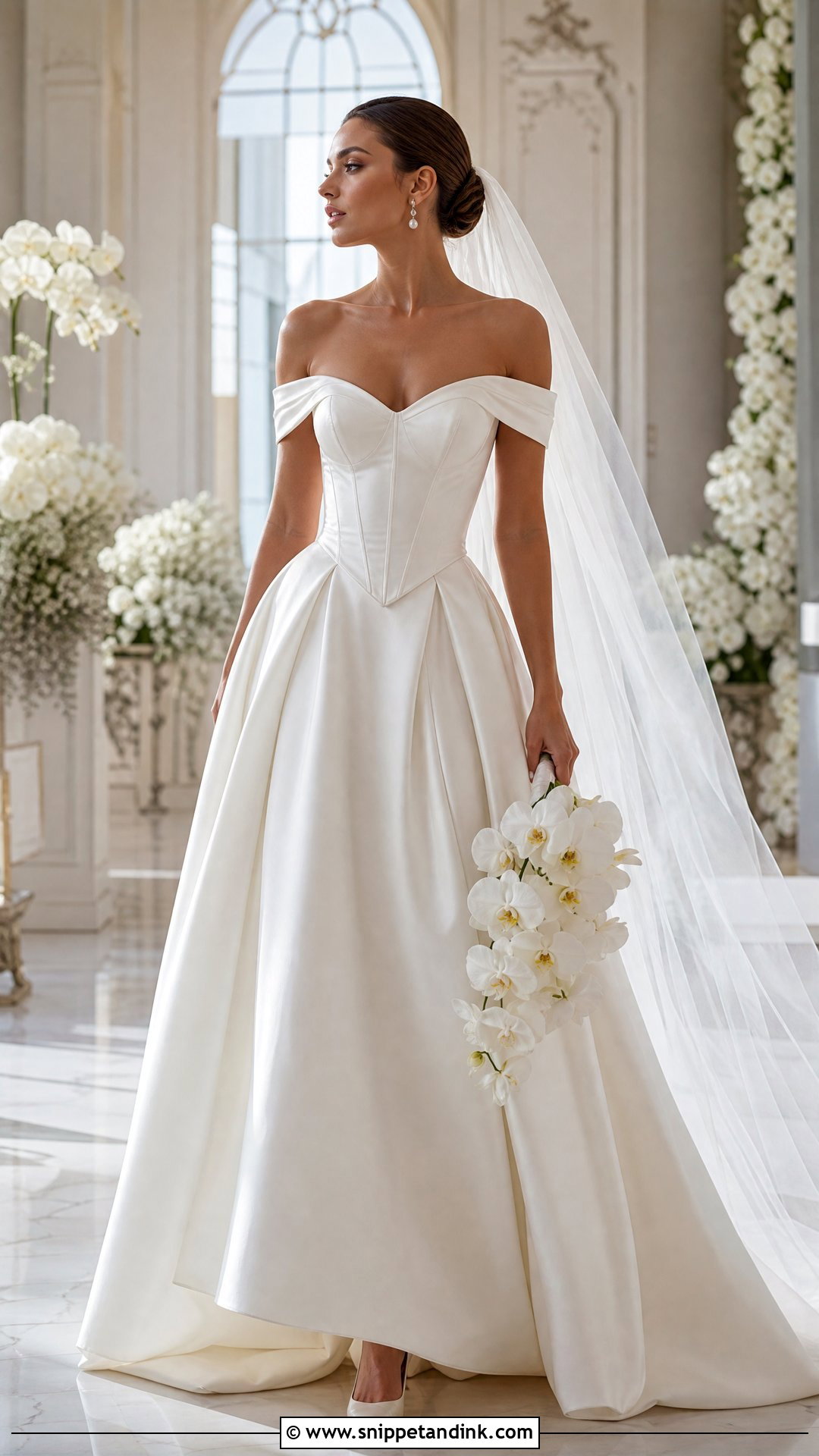 Corset Off Shoulder Bridal Dress With Basque Waist - Snippet and Ink - 20 Off Shoulder Bridal Dress Ideas
