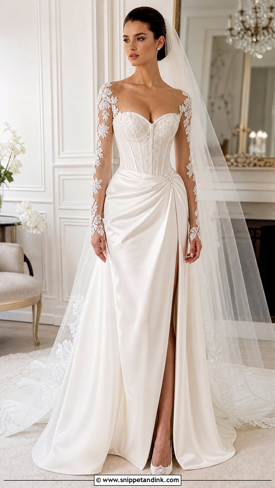 Corset Satin Wedding Gown with Sheer Sleeves - Snippet and Ink - 20 Satin Wedding Gown with Sleeves