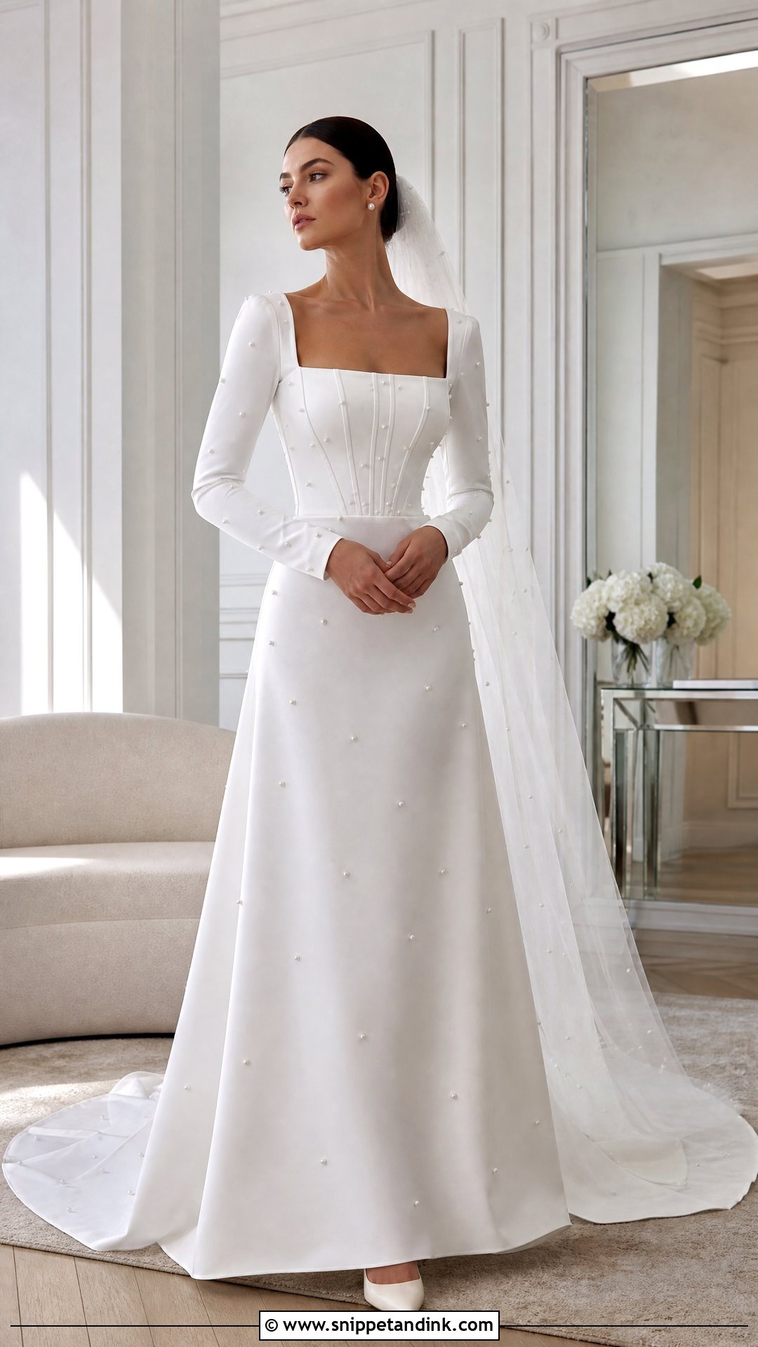 Corset Square Neck Long Sleeve Wedding Dress - Snippet and Ink - 20 Square Neck Long Sleeve Wedding Dress Ideas