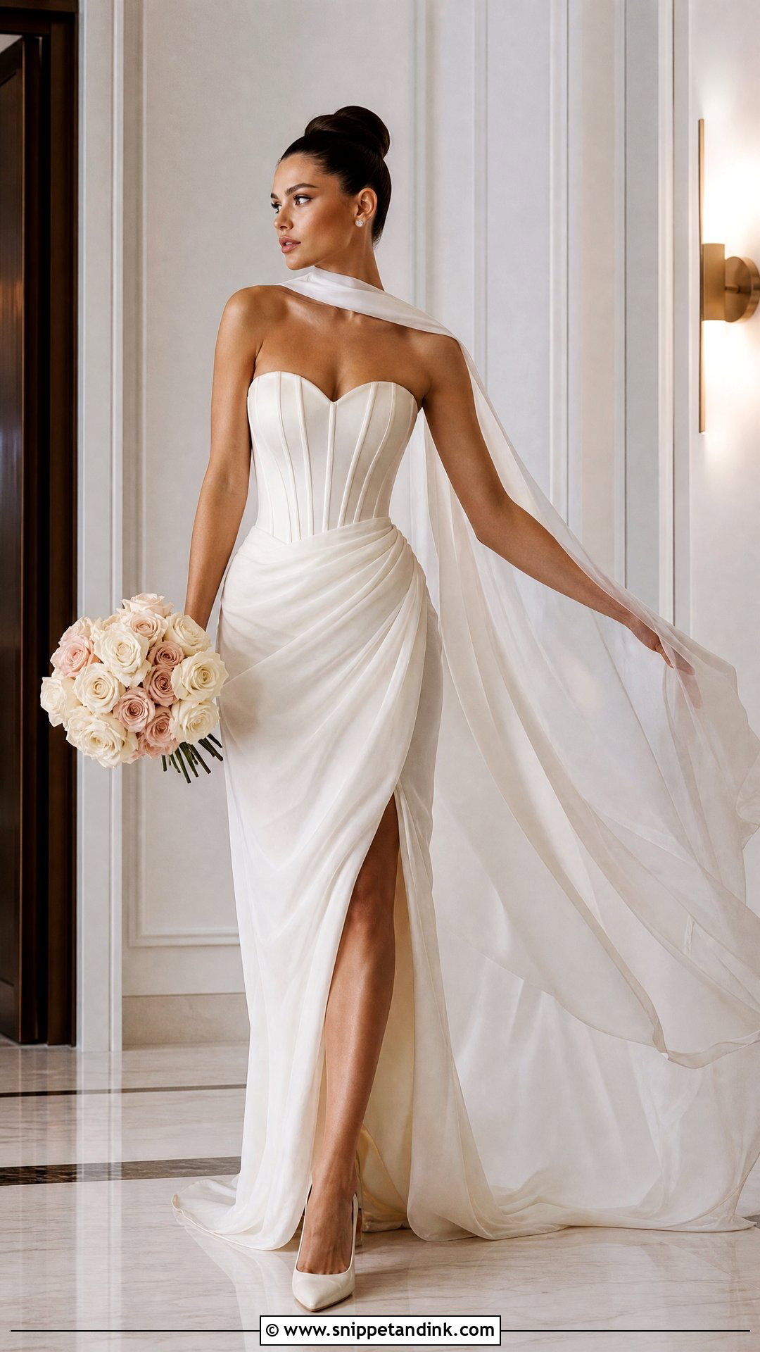 Corset Strapless Wedding Dress With Draped Scarf - Snippet and Ink - 20 Strapless Wedding Dress with Scarf Ideas