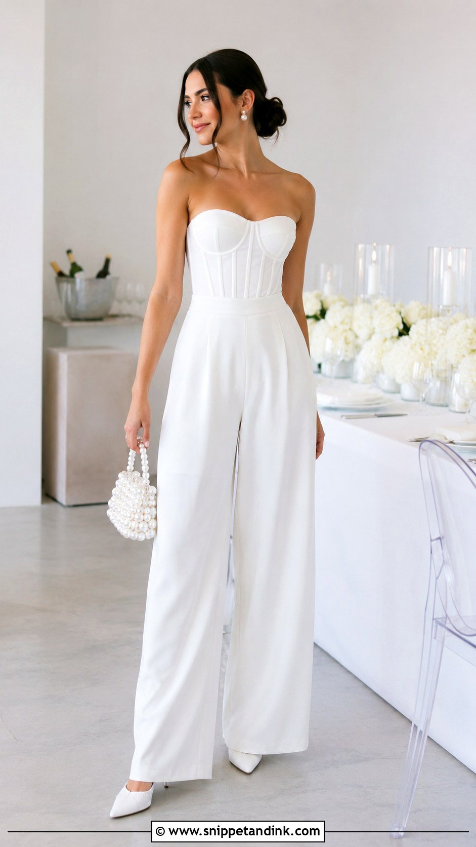 Corset Top And Wide Leg Pants Bride After Party Outfit - Snippet and Ink - 20 Bride After Party Outfit Ideas