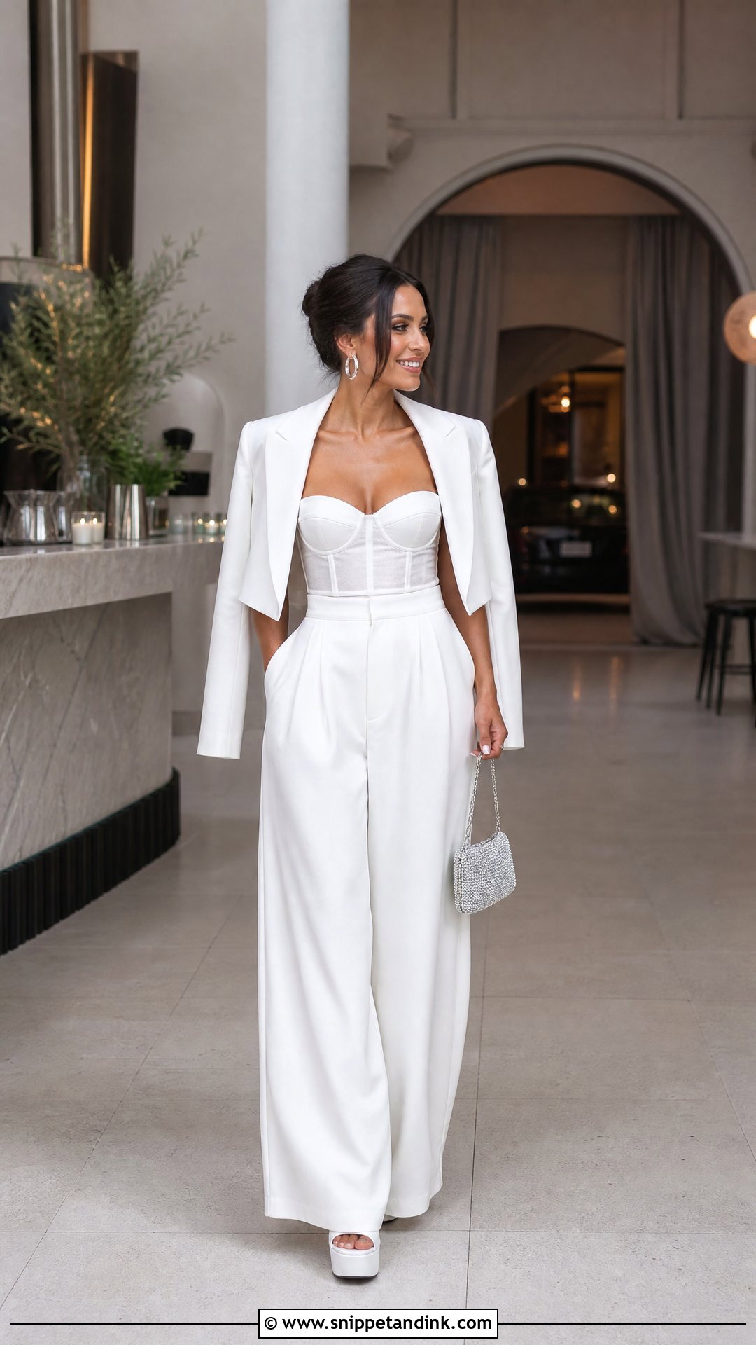 Corset Top And Wide Leg Trousers Wedding After Party Outfit - Snippet and Ink - 20 Wedding After Party Outfit Brides Ideas