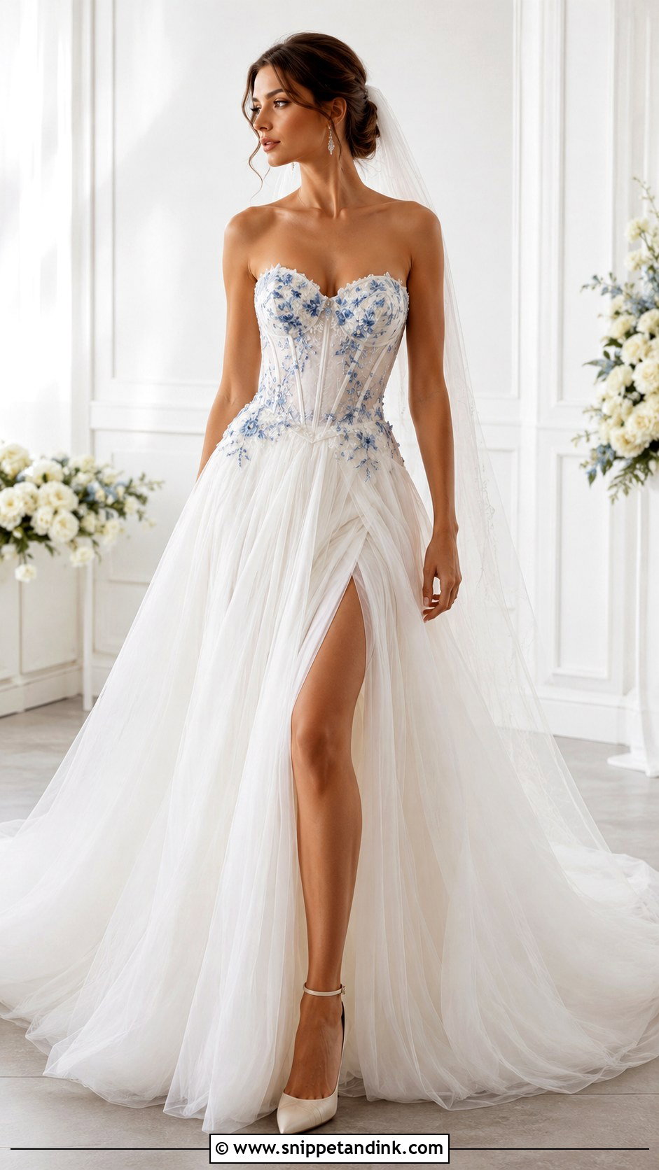 Corset Wedding Dress With Blue Bodice Detail - Snippet and Ink - 25 Wedding Dress with Blue Accents Ideas