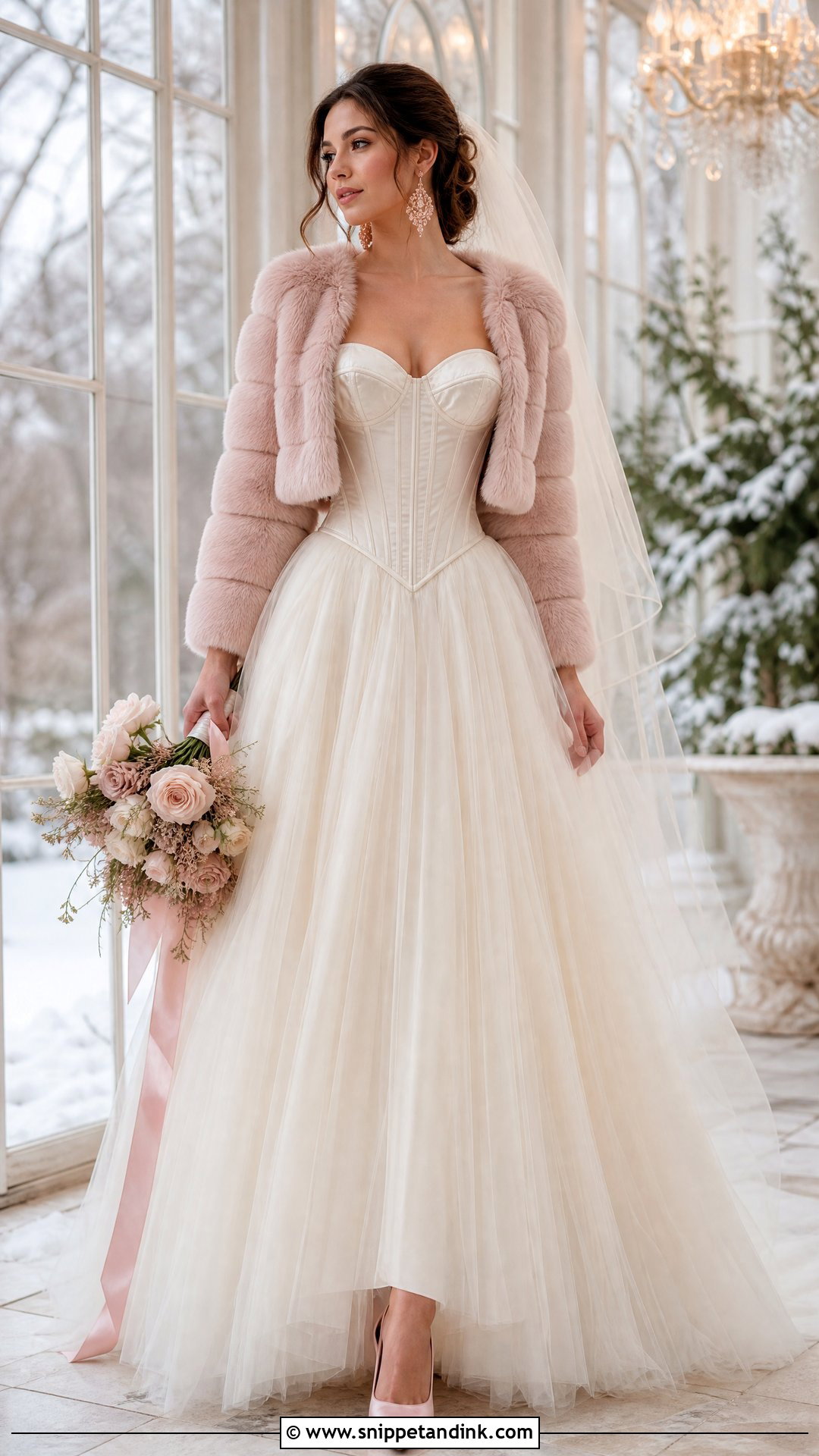 Corset Wedding Dress With Blush Fur Coat - Snippet and Ink - 20 Wedding Dress with Fur Coat Ideas