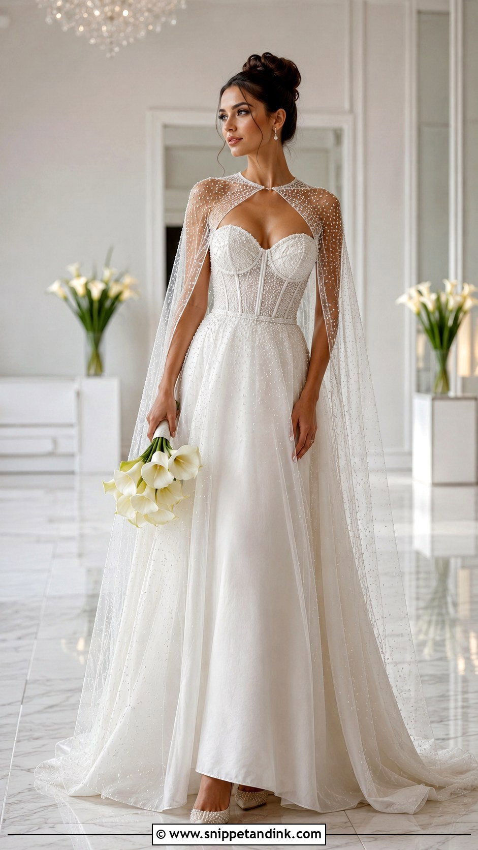 Corset Wedding Dress With Detachable Pearl Cape - Snippet and Ink - 20 Detachable Cape Wedding Dress Ideas